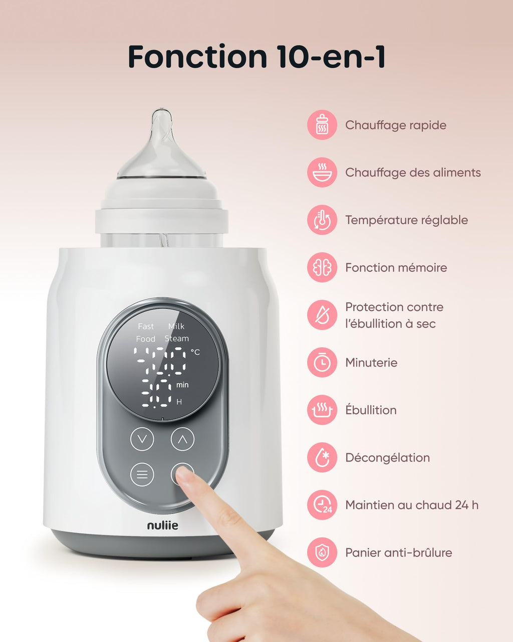 Chauffe Biberon, Nuliie Stérilisateur Électrique Rapide 10 en 1 pour Lait Maternel ou Formule avec Minuterie Numérique Contrôle intelligent de la Température et Arrêt Automatique, 220V