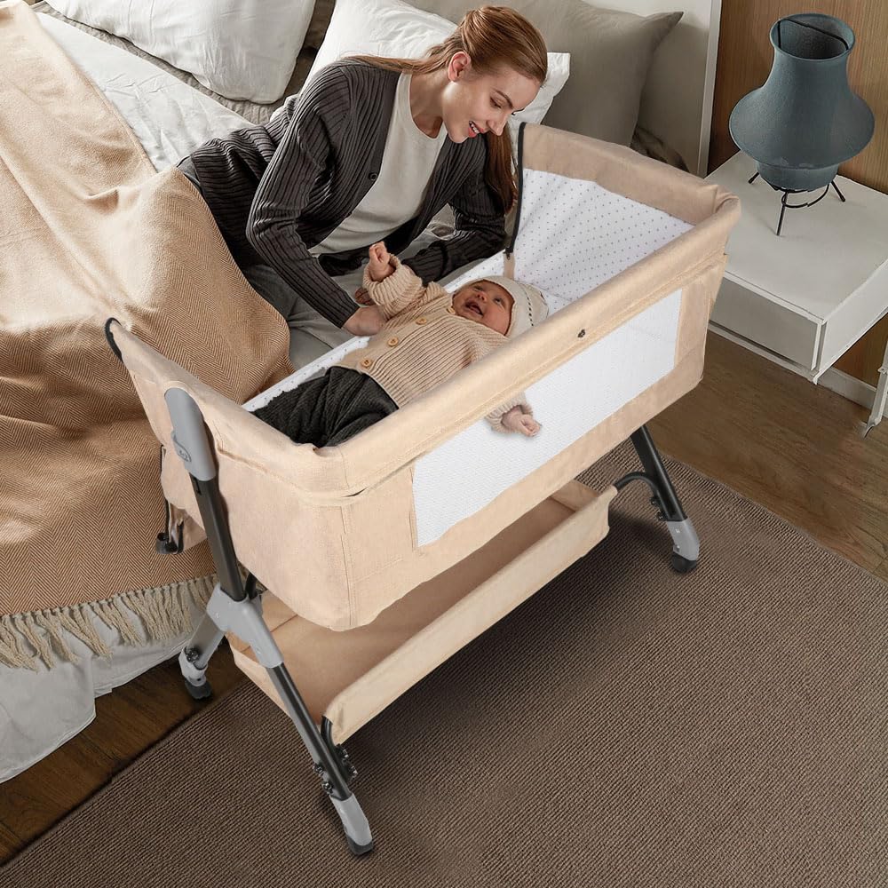 HUOLE Lit Cododo Bebe Berceau Bebe à 4 Niveaux, Couffin pour Dormir Ensemble en Toute Sécurité, Lit d'enfant Portable Facile à Plier pour Nouveau-né/Nourrisson-104 * 52 * 100-110 cm - Blanc cassé
