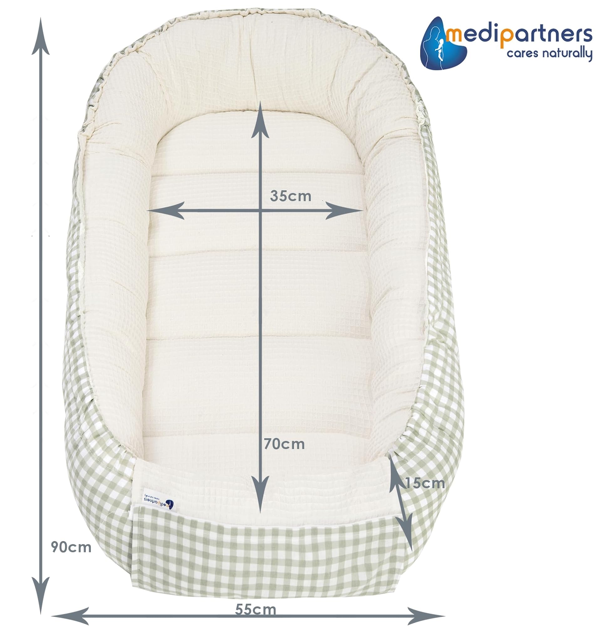 Medi Partners Reducteur de Lit Bebe - Réducteur Bébé 100x60x15cm Cocon et Naissance couffin Nid d'ange 100% Coton Gaufre (Glade avec Gaufre Grise)
