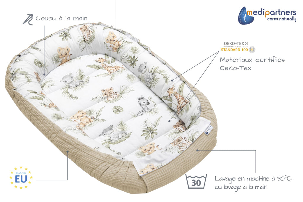 Medi Partners Reducteur de Lit Bebe - Réducteur Bébé 100x60x15cm Cocon et Naissance couffin Nid d'ange 100% Coton Gaufre (Glade avec Gaufre Grise)