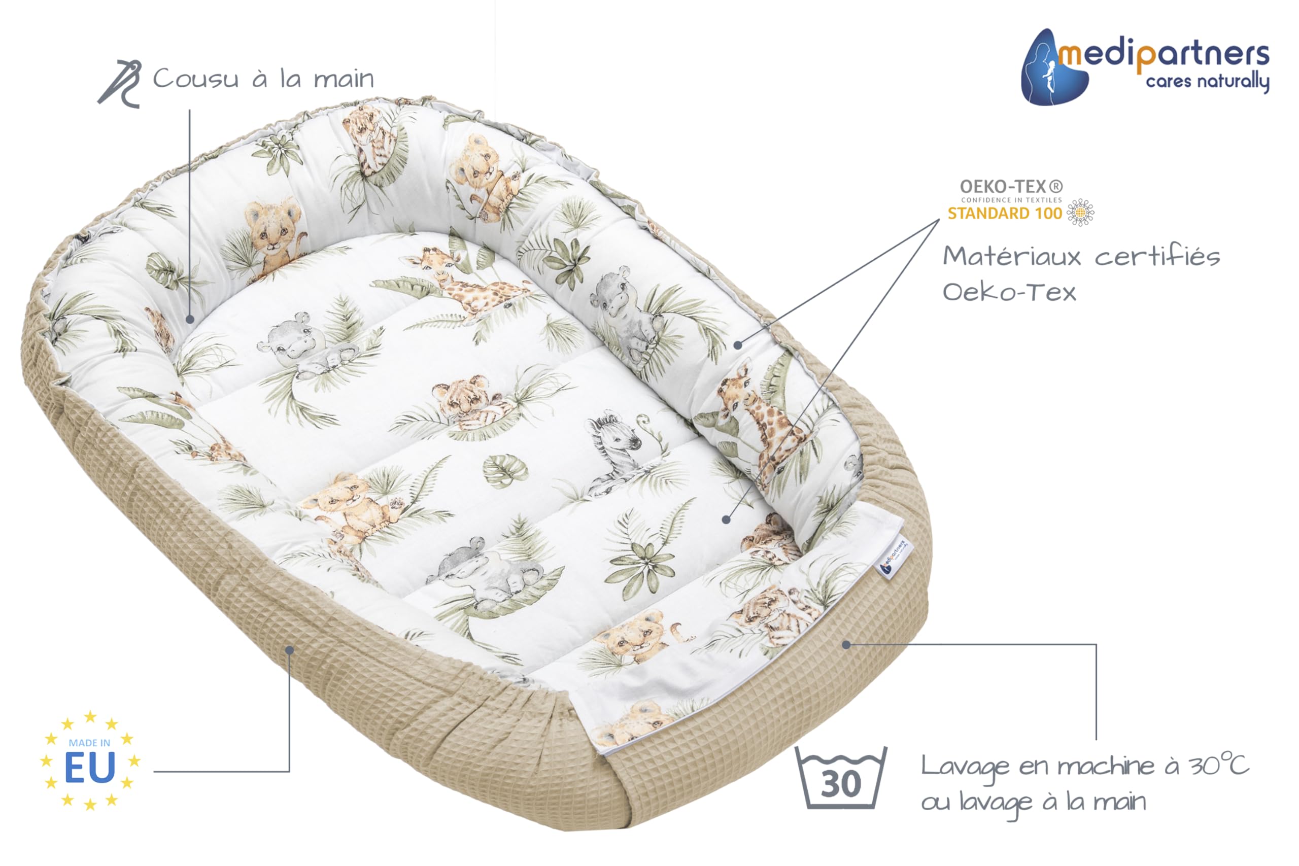 Medi Partners Reducteur de Lit Bebe - Réducteur Bébé 100x60x15cm Cocon et Naissance couffin Nid d'ange 100% Coton Gaufre (Glade avec Gaufre Grise)