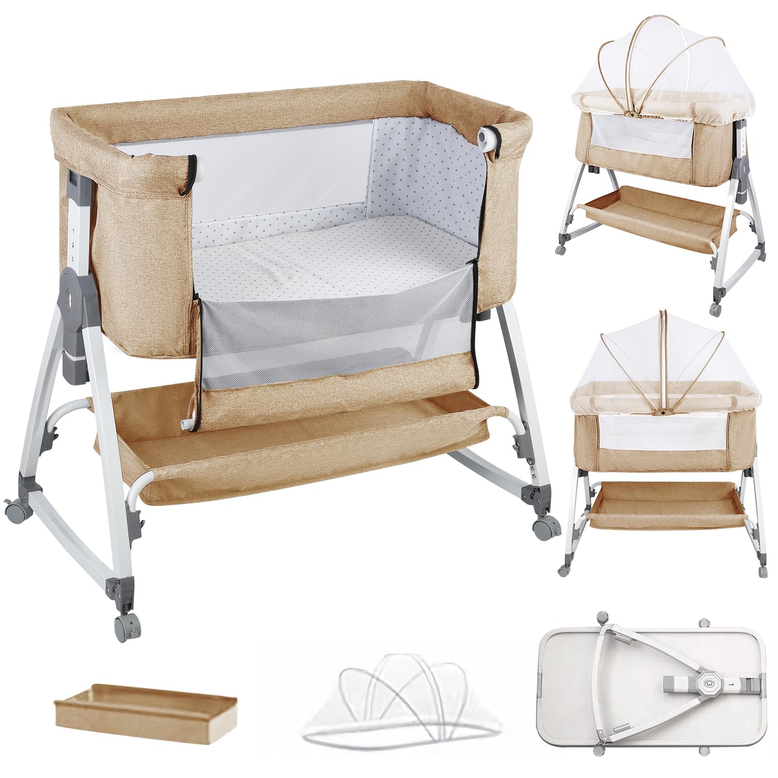 HUOLE Lit Cododo Bebe Berceau Bebe à 4 Niveaux, Couffin pour Dormir Ensemble en Toute Sécurité, Lit d'enfant Portable Facile à Plier pour Nouveau-né/Nourrisson-104 * 52 * 100-110 cm - Blanc cassé