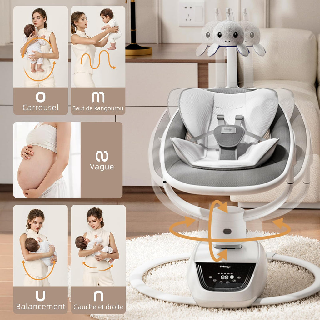transat bébé électrique balancoire bébé Réglable inclinaison, rotation 180°, 5 modes de balancement, musique et télécommande - Jusqu'à 18 kg (Gris)