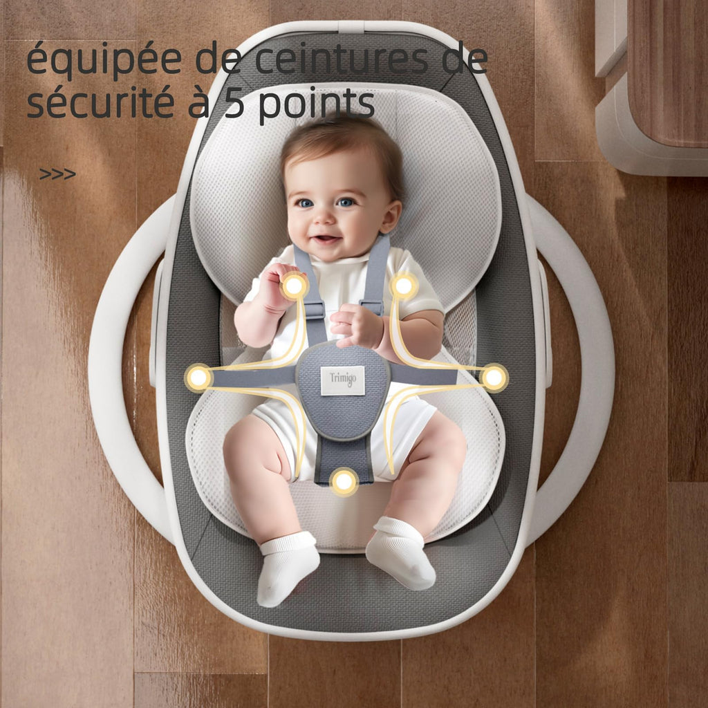 transat bébé électrique balancoire bébé Réglable inclinaison, rotation 180°, 5 modes de balancement, musique et télécommande - Jusqu'à 18 kg (Gris)