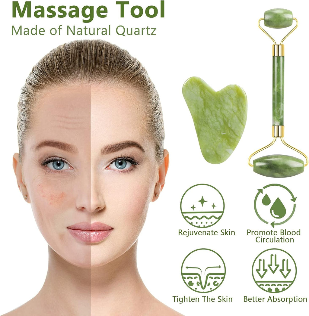 MELLIEX Jade Roller et Gua Sha Visage Masseur, kit de Rouleau de Jade Anti-vieillissement Naturel pour Yeux, Visage, Cou