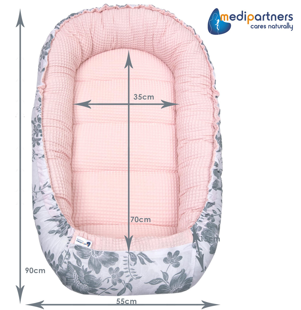 Medi Partners Reducteur de Lit Bebe - Réducteur Bébé 100x60x15cm Cocon et Naissance couffin Nid d'ange 100% Coton Gaufre (Glade avec Gaufre Grise)