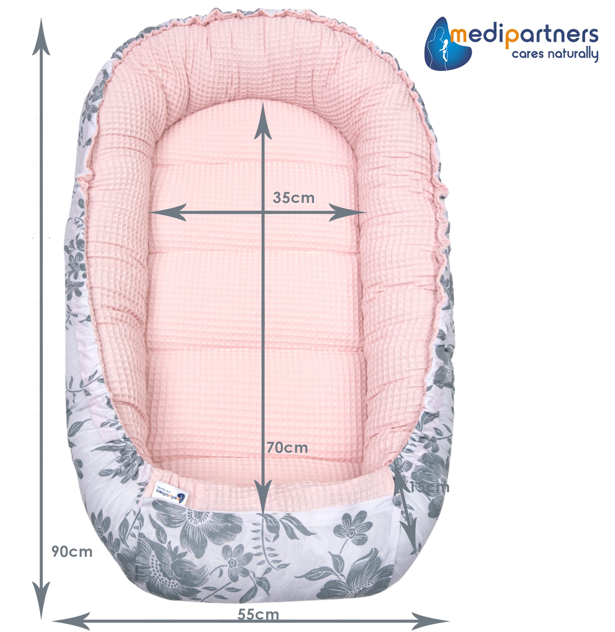 Medi Partners Reducteur de Lit Bebe - Réducteur Bébé 100x60x15cm Cocon et Naissance couffin Nid d'ange 100% Coton Gaufre (Glade avec Gaufre Grise)