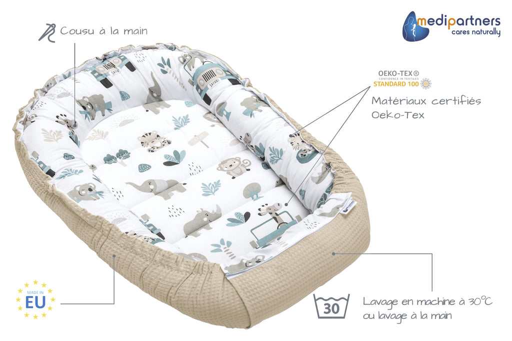Medi Partners Reducteur de Lit Bebe - Réducteur Bébé 100x60x15cm Cocon et Naissance couffin Nid d'ange 100% Coton Gaufre (Glade avec Gaufre Grise)