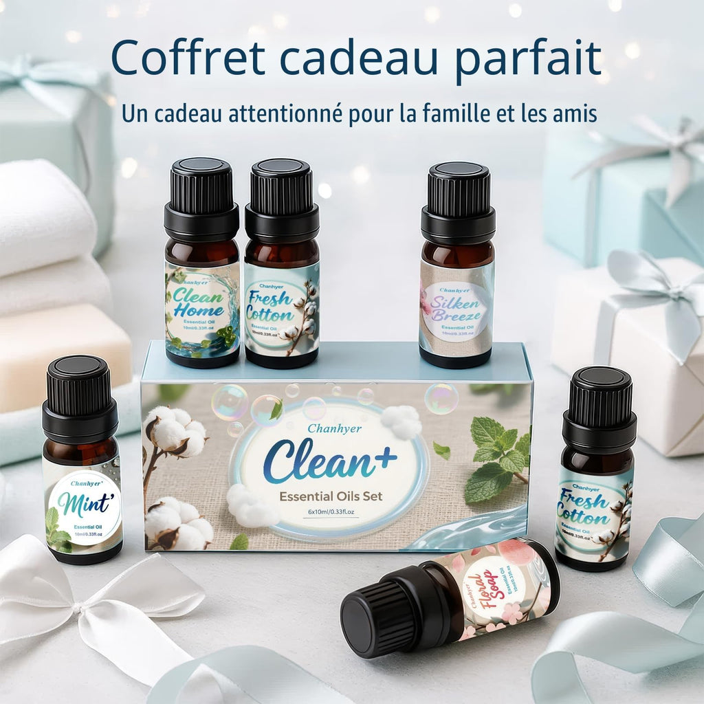 Coffret d'Huiles Essentielles Clean 6 x 10ml – Linge Frais, Coton, Poudre Douce, Menthe Poivrée, Maison Propre, Parfum Savon pour Diffuseur, Parfum d'Ambiance à la Maison
