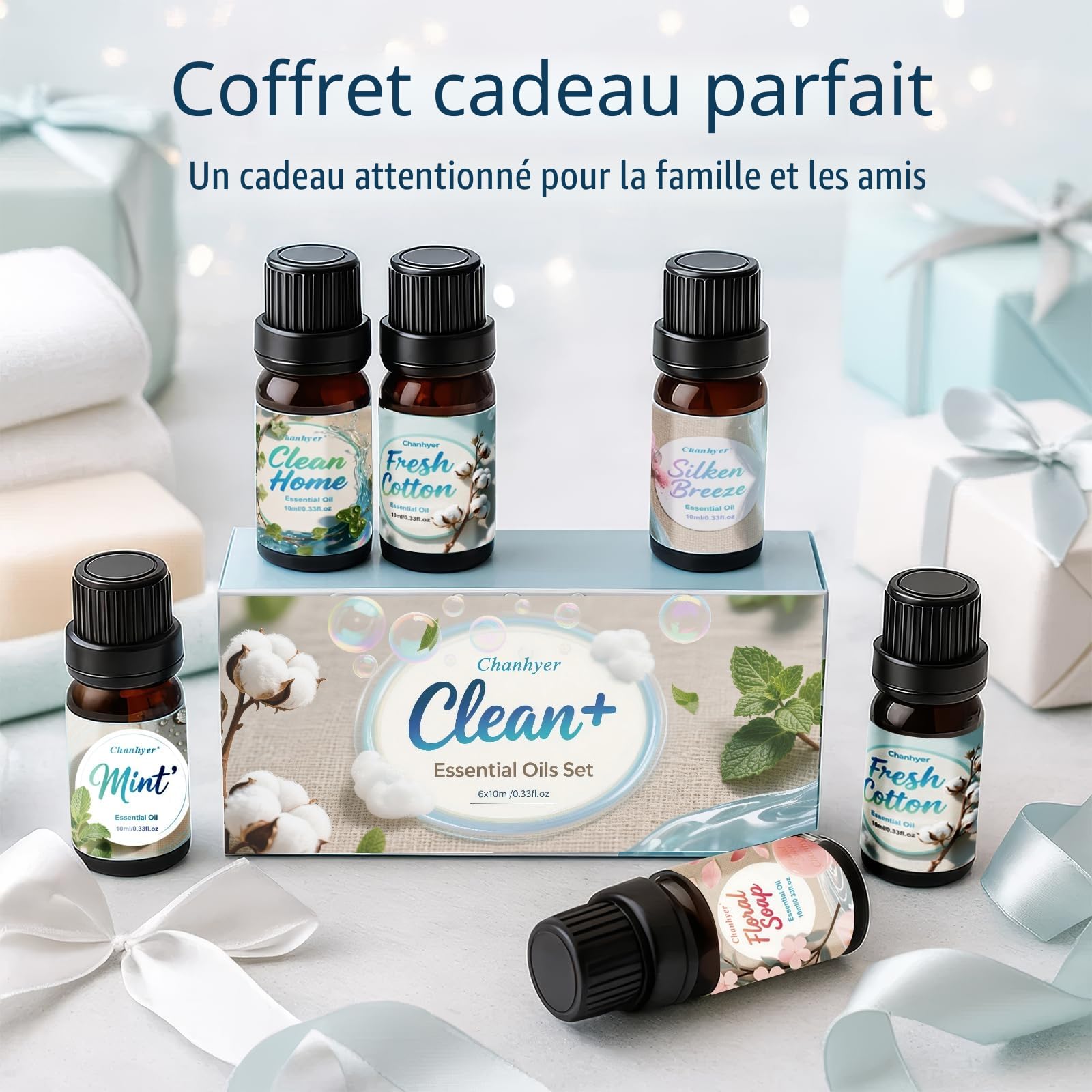 Coffret d'Huiles Essentielles Clean 6 x 10ml – Linge Frais, Coton, Poudre Douce, Menthe Poivrée, Maison Propre, Parfum Savon pour Diffuseur, Parfum d'Ambiance à la Maison