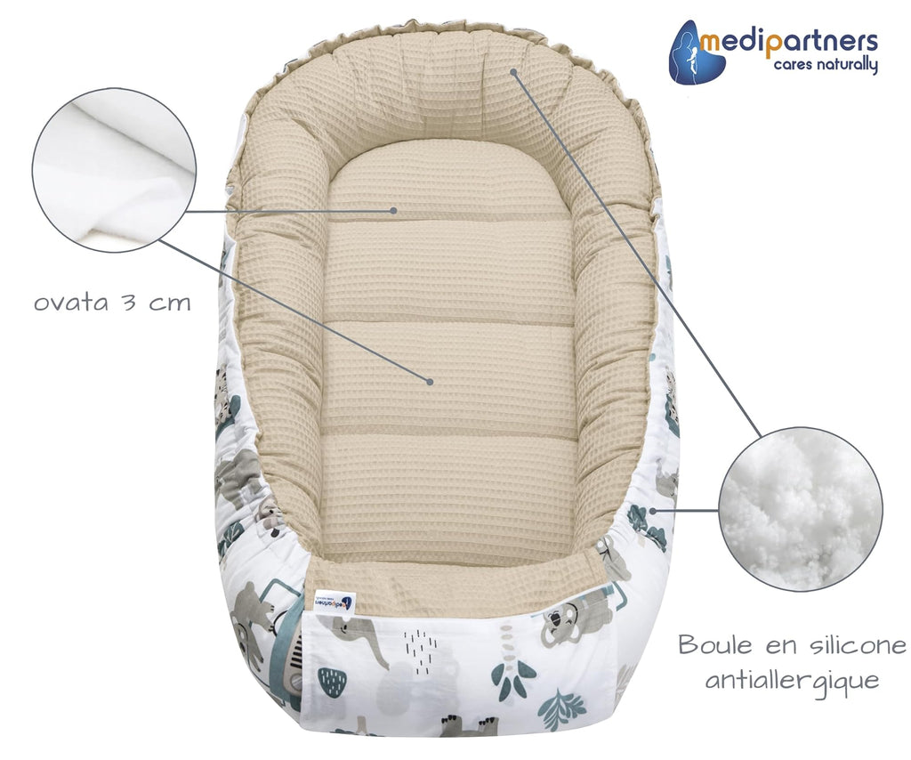 Medi Partners Reducteur de Lit Bebe - Réducteur Bébé 100x60x15cm Cocon et Naissance couffin Nid d'ange 100% Coton Gaufre (Glade avec Gaufre Grise)