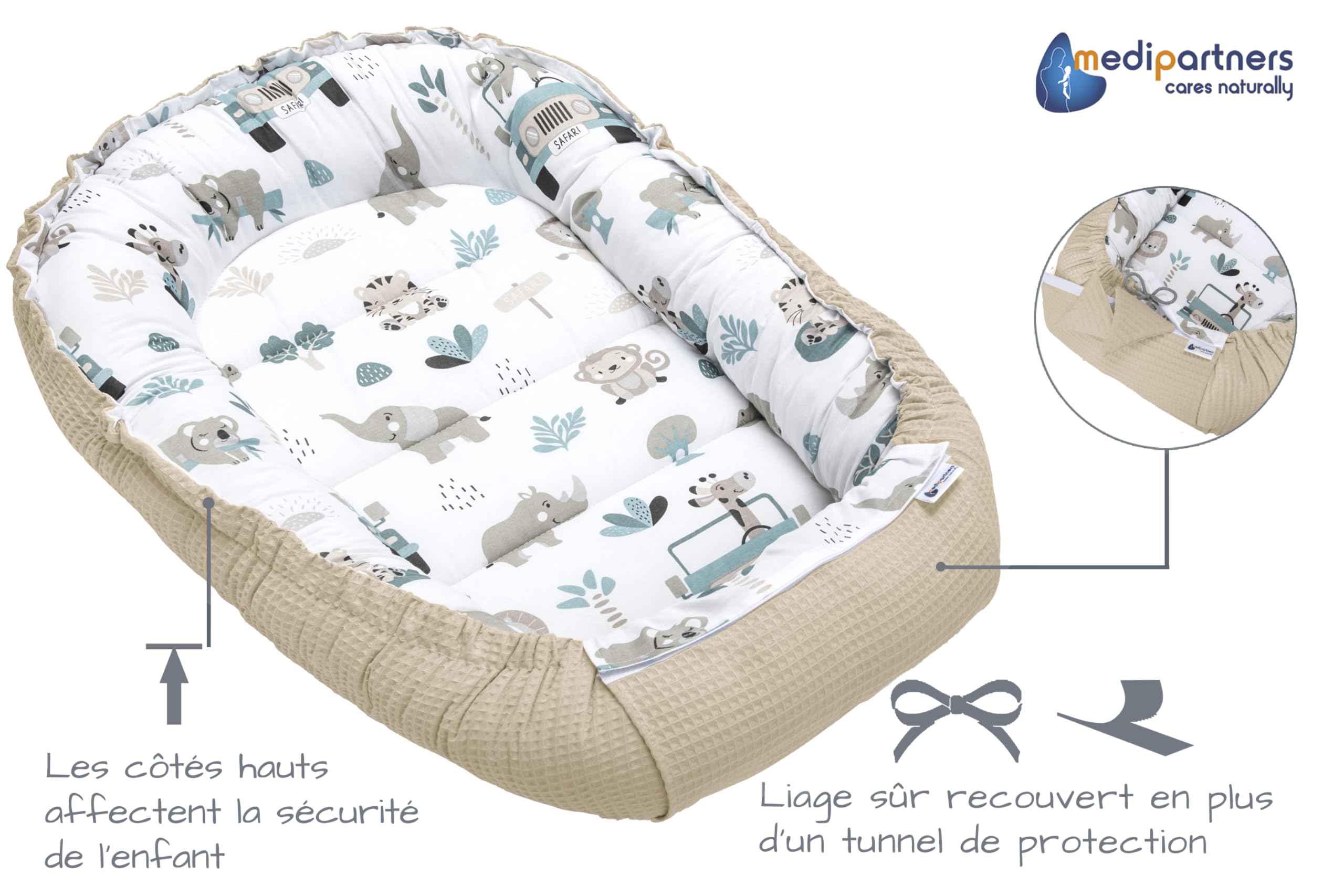 Medi Partners Reducteur de Lit Bebe - Réducteur Bébé 100x60x15cm Cocon et Naissance couffin Nid d'ange 100% Coton Gaufre (Glade avec Gaufre Grise)