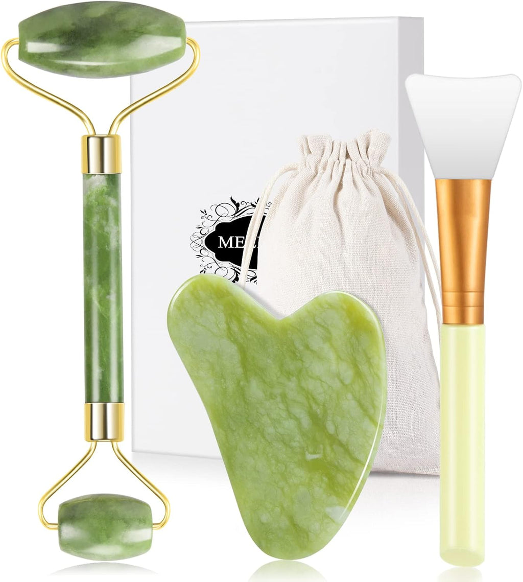MELLIEX Jade Roller et Gua Sha Visage Masseur, kit de Rouleau de Jade Anti-vieillissement Naturel pour Yeux, Visage, Cou