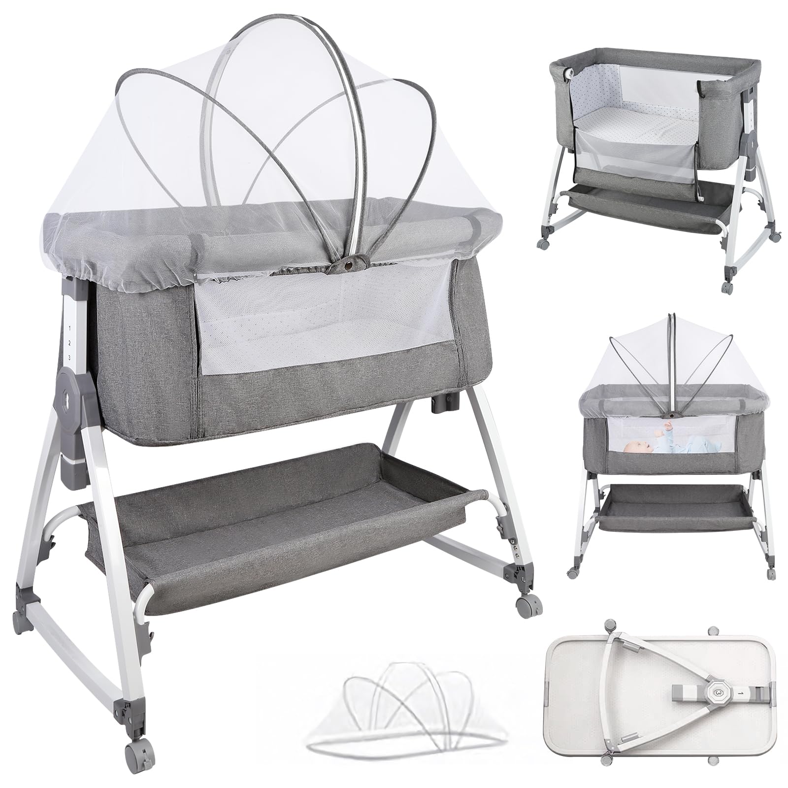 HUOLE Lit Cododo Bebe Berceau Bebe à 4 Niveaux, Couffin pour Dormir Ensemble en Toute Sécurité, Lit d'enfant Portable Facile à Plier pour Nouveau-né/Nourrisson-104 * 52 * 100-110 cm - Blanc cassé