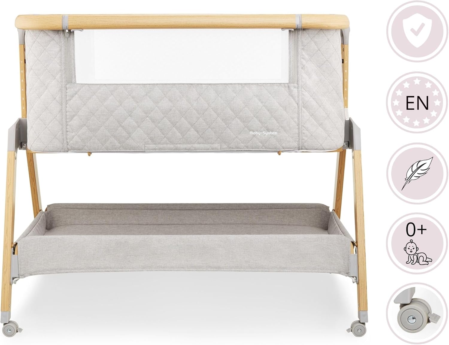 Moby-System Dreemy Lit SupéRieur 3 en 1 - Berceau Pliable avec Couffin Bebe - Hauteur 7 Niveaux, roulettes Transport, ÉTagère sous Lit - pour Enfants jusqu'à 9 kg