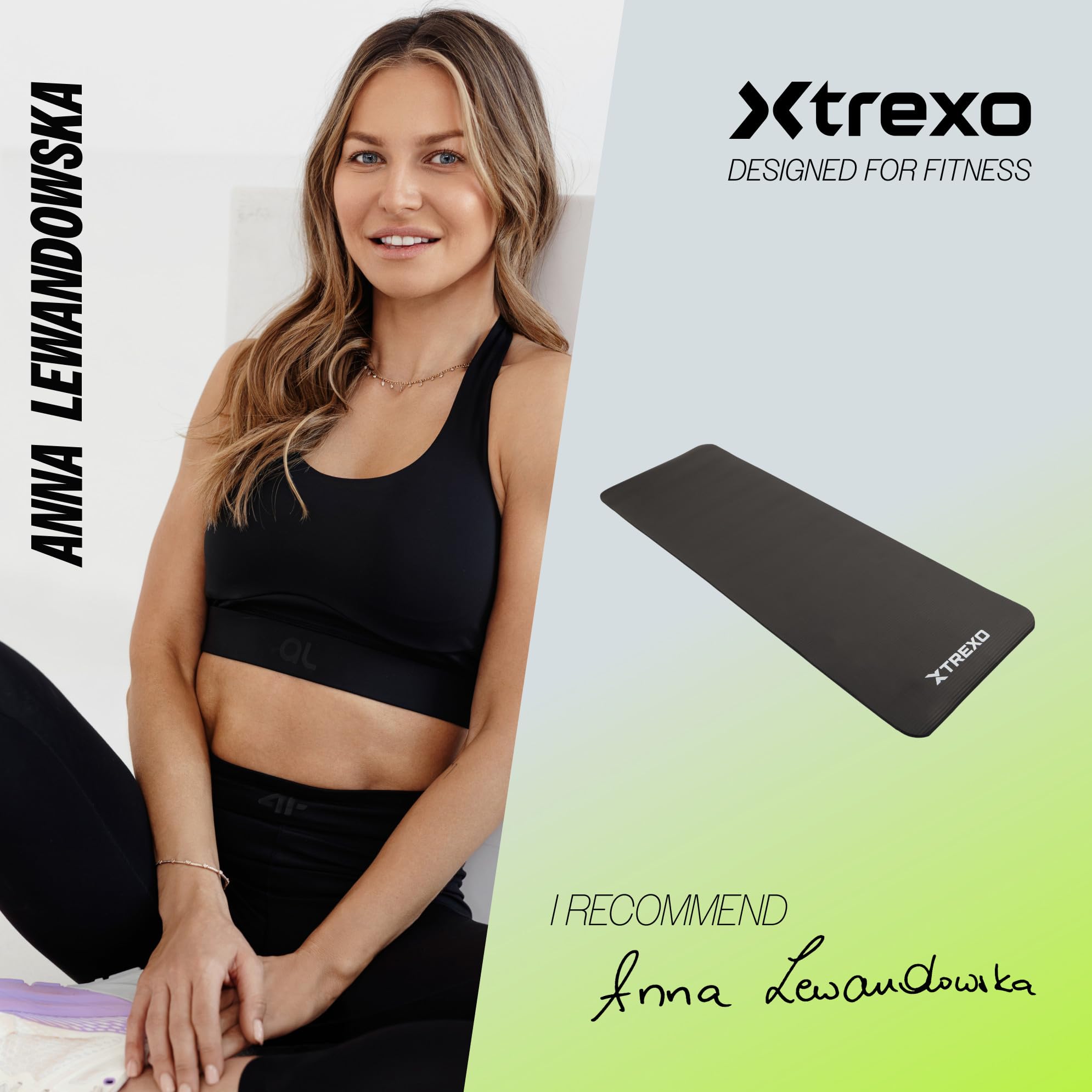 TREXO Tapis d'Exercice en NBR 183 x 61 cm Matériau Exceptionnellement Durable et Flexible 15 mm d'Épaisseur avec Structure Antidérapante dans l'Ensemble avec Sangle pour Porter