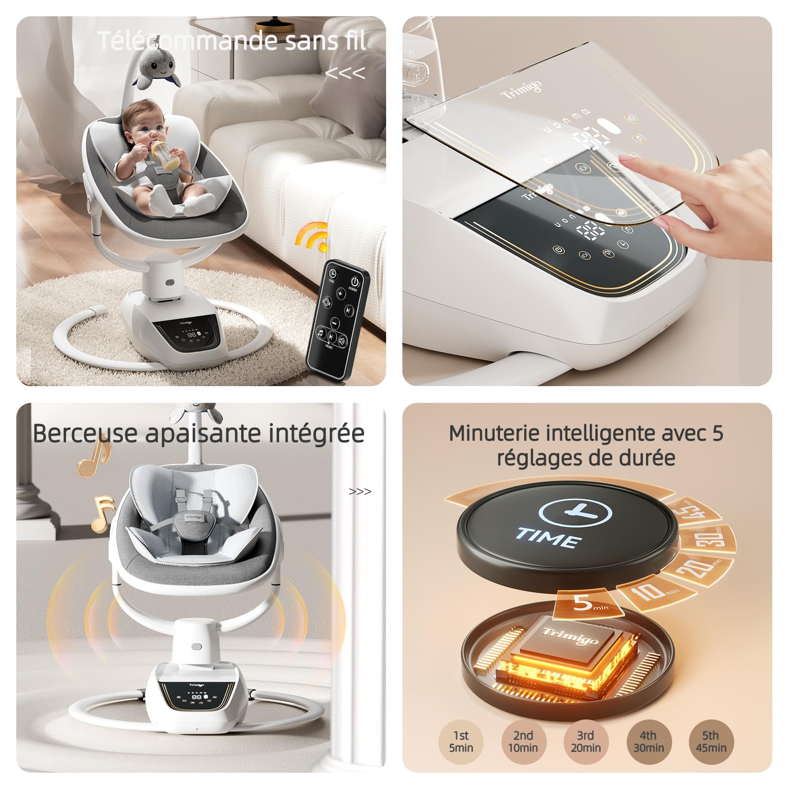 transat bébé électrique balancoire bébé Réglable inclinaison, rotation 180°, 5 modes de balancement, musique et télécommande - Jusqu'à 18 kg (Gris)