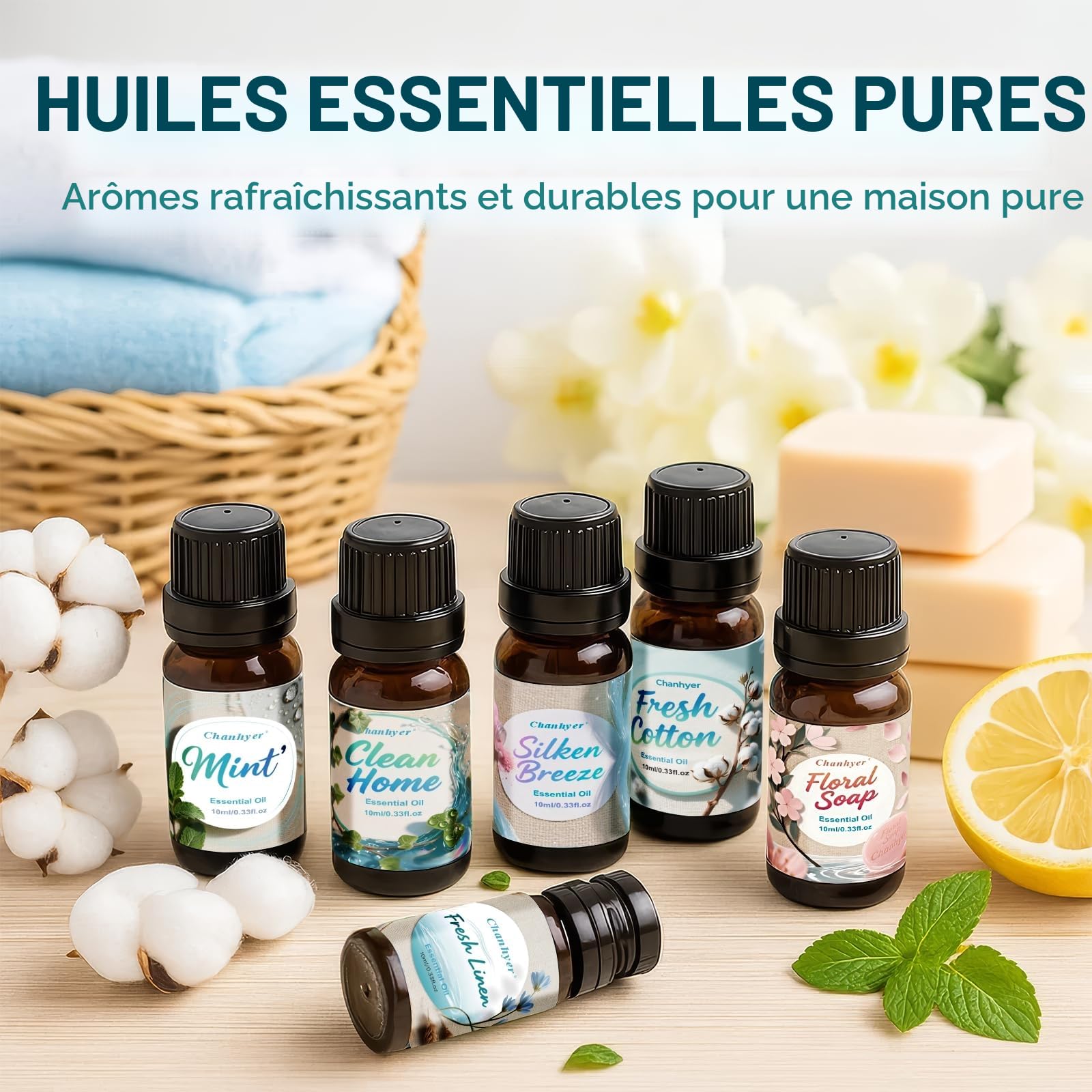 Coffret d'Huiles Essentielles Clean 6 x 10ml – Linge Frais, Coton, Poudre Douce, Menthe Poivrée, Maison Propre, Parfum Savon pour Diffuseur, Parfum d'Ambiance à la Maison