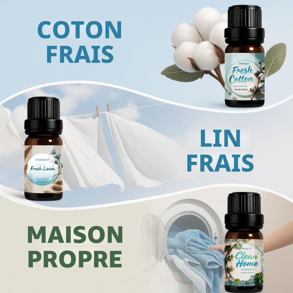 Coffret d'Huiles Essentielles Clean 6 x 10ml – Linge Frais, Coton, Poudre Douce, Menthe Poivrée, Maison Propre, Parfum Savon pour Diffuseur, Parfum d'Ambiance à la Maison