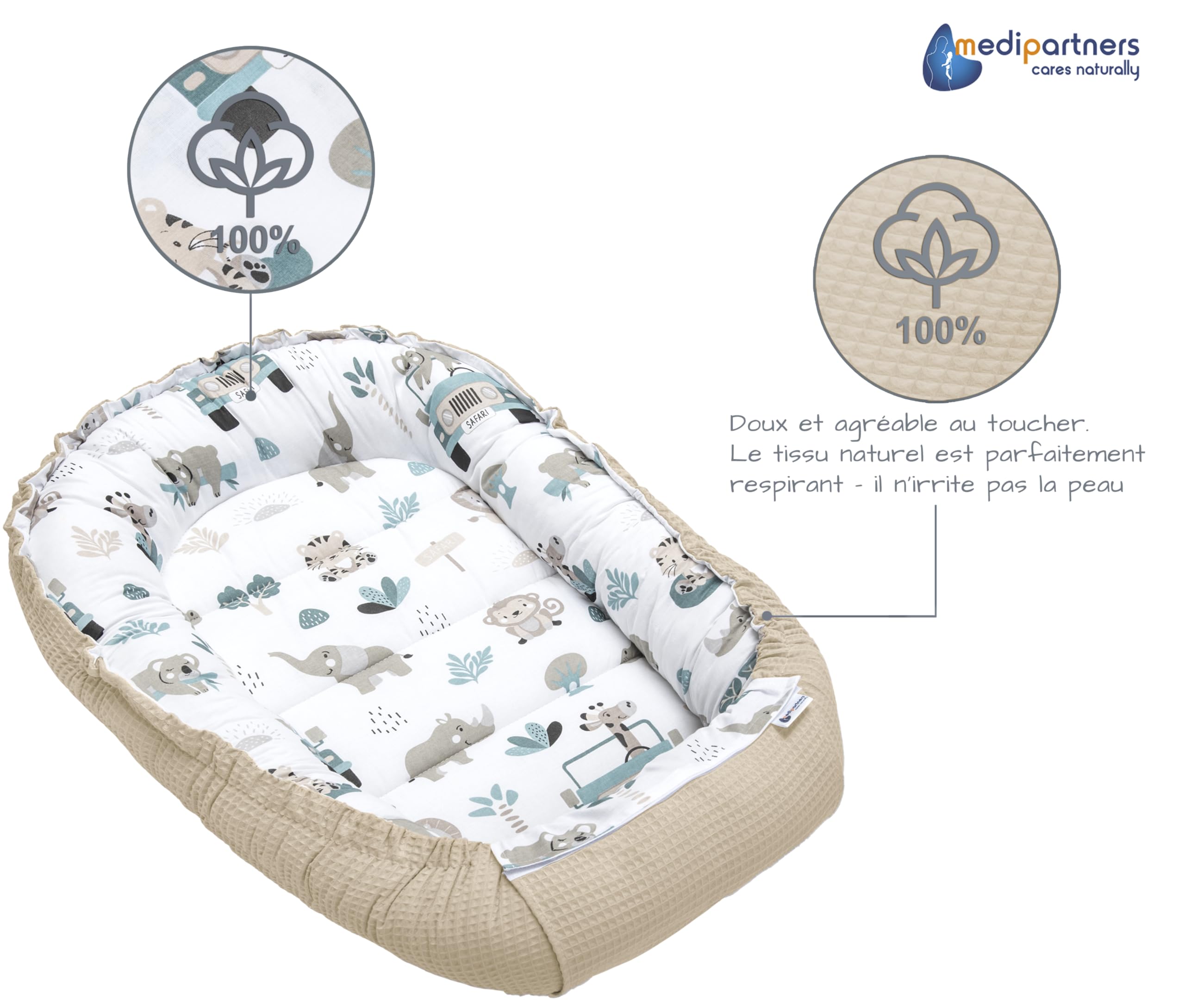 Medi Partners Reducteur de Lit Bebe - Réducteur Bébé 100x60x15cm Cocon et Naissance couffin Nid d'ange 100% Coton Gaufre (Glade avec Gaufre Grise)