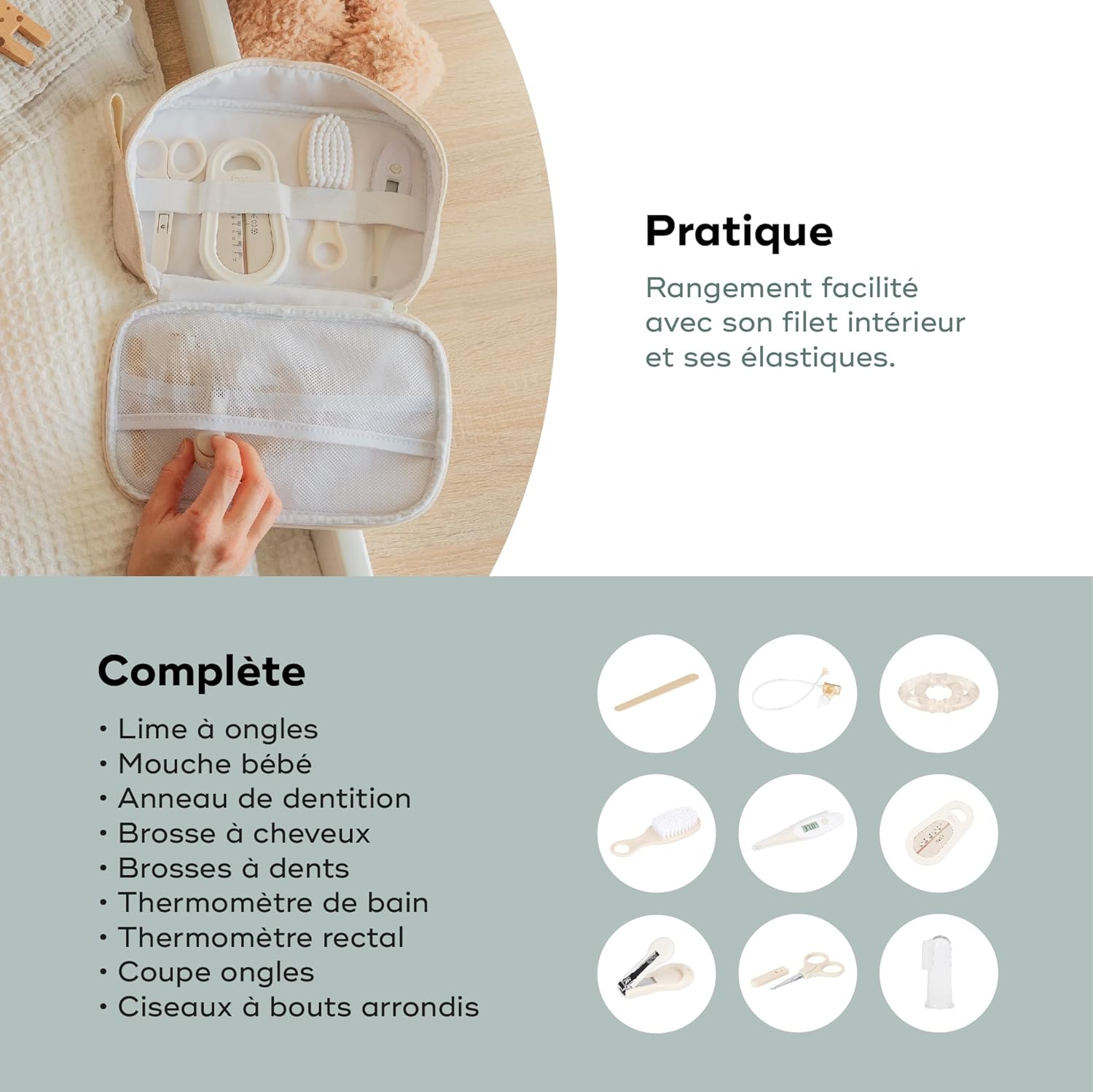 Babymoov Trousse de Soin Bébé - Compacte & Nomade - Dès la naissance - 9 Accessoires Essentiels Soin de Bébé dont Brosse à Cheveux, Thermomètre digital, Thermomètre de bain, Petit Coupe Ongles, Sable