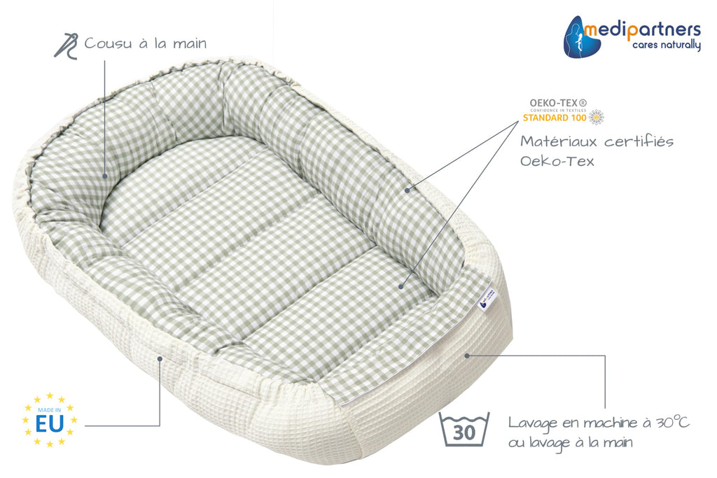 Medi Partners Reducteur de Lit Bebe - Réducteur Bébé 100x60x15cm Cocon et Naissance couffin Nid d'ange 100% Coton Gaufre (Glade avec Gaufre Grise)
