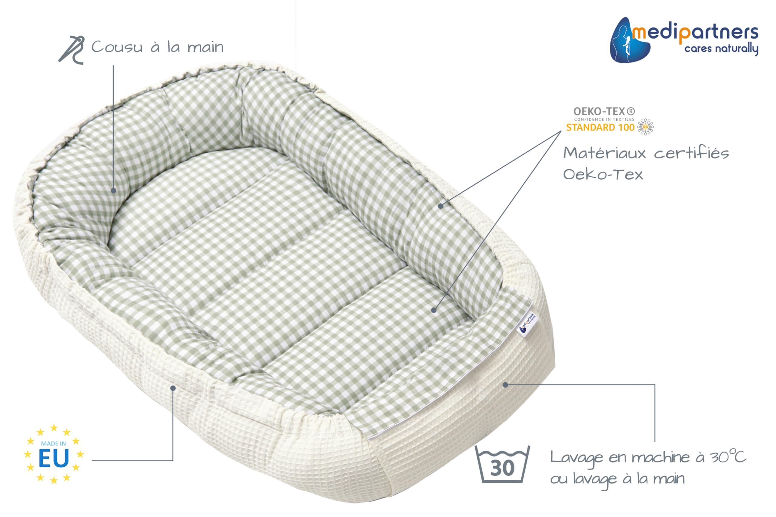 Medi Partners Reducteur de Lit Bebe - Réducteur Bébé 100x60x15cm Cocon et Naissance couffin Nid d'ange 100% Coton Gaufre (Glade avec Gaufre Grise)