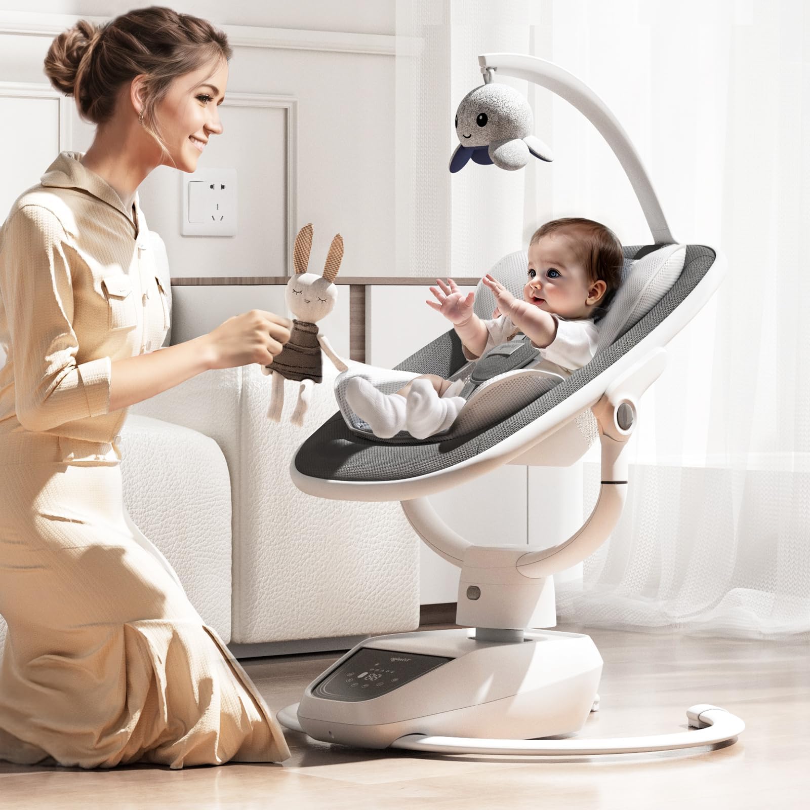 transat bébé électrique balancoire bébé Réglable inclinaison, rotation 180°, 5 modes de balancement, musique et télécommande - Jusqu'à 18 kg (Gris)