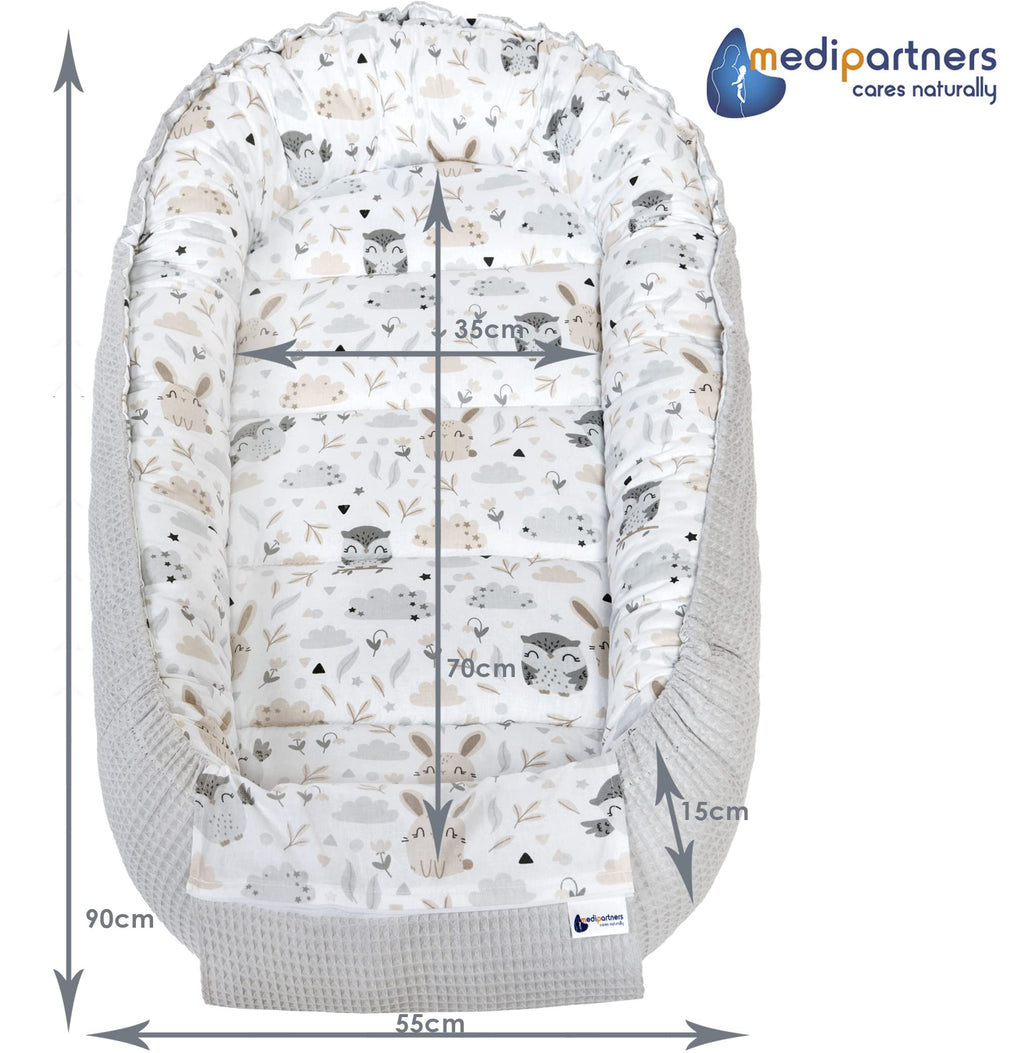 Medi Partners Reducteur de Lit Bebe - Réducteur Bébé 100x60x15cm Cocon et Naissance couffin Nid d'ange 100% Coton Gaufre (Glade avec Gaufre Grise)