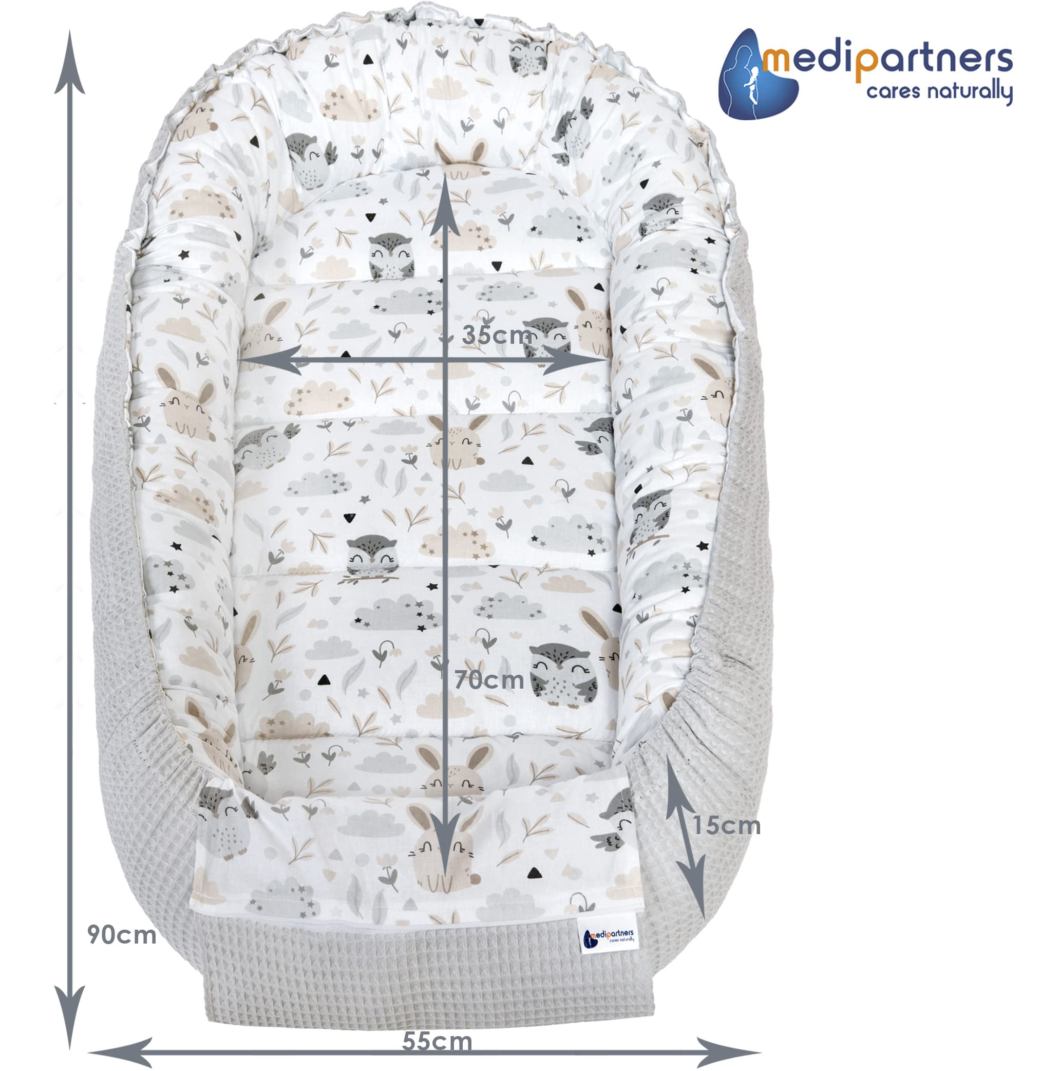Medi Partners Reducteur de Lit Bebe - Réducteur Bébé 100x60x15cm Cocon et Naissance couffin Nid d'ange 100% Coton Gaufre (Glade avec Gaufre Grise)