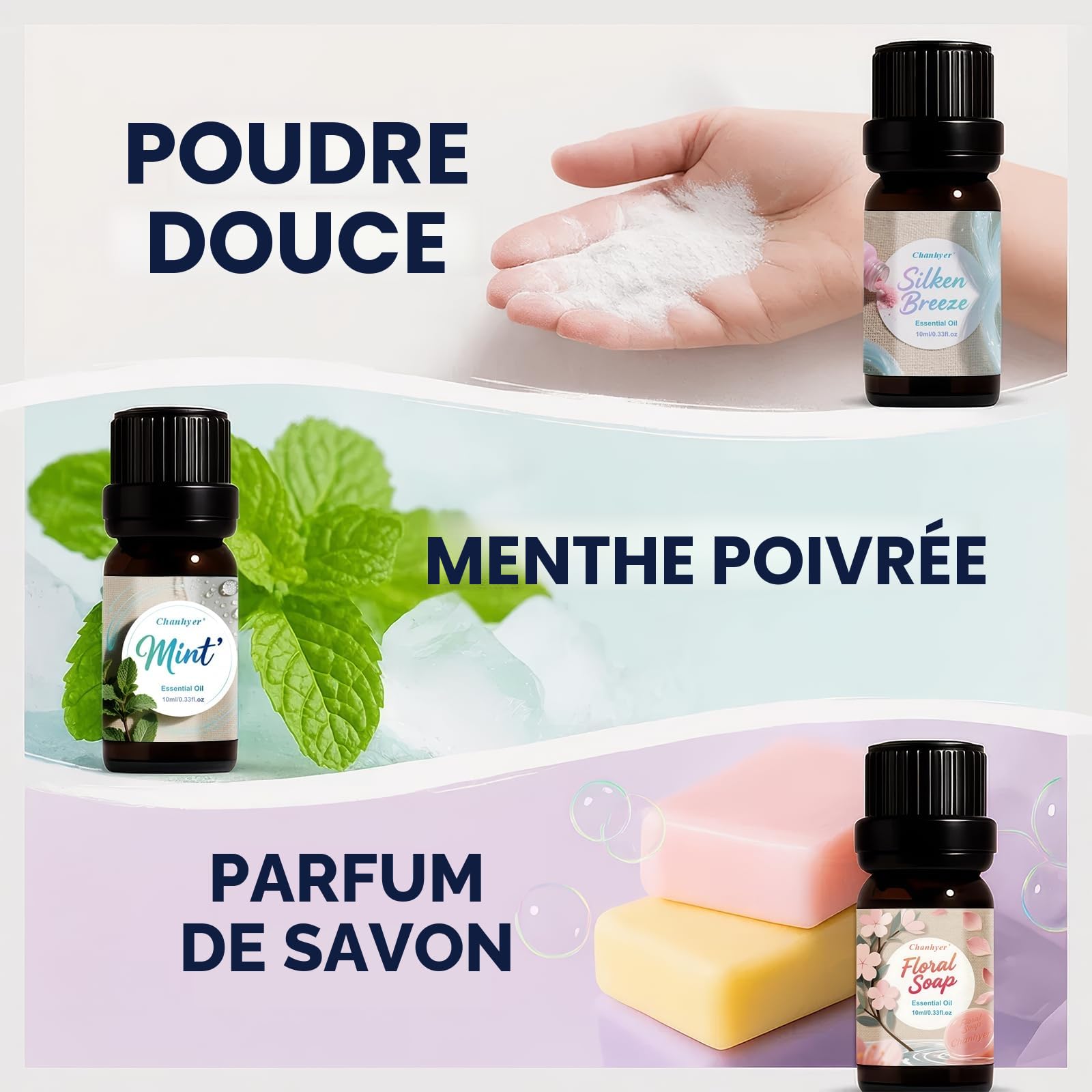 Coffret d'Huiles Essentielles Clean 6 x 10ml – Linge Frais, Coton, Poudre Douce, Menthe Poivrée, Maison Propre, Parfum Savon pour Diffuseur, Parfum d'Ambiance à la Maison