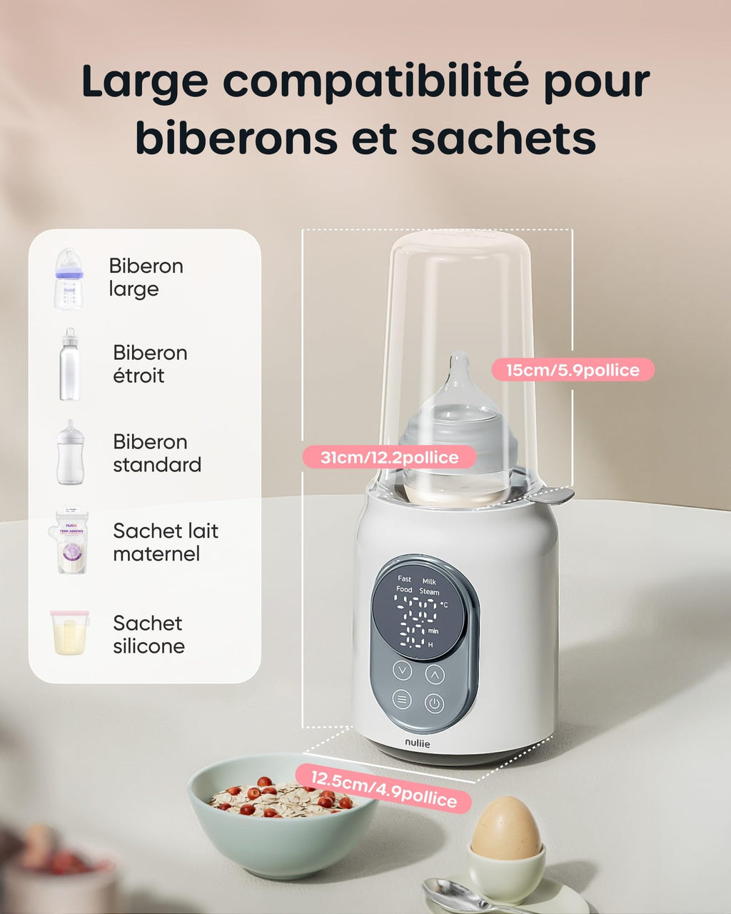 Chauffe Biberon, Nuliie Stérilisateur Électrique Rapide 10 en 1 pour Lait Maternel ou Formule avec Minuterie Numérique Contrôle intelligent de la Température et Arrêt Automatique, 220V