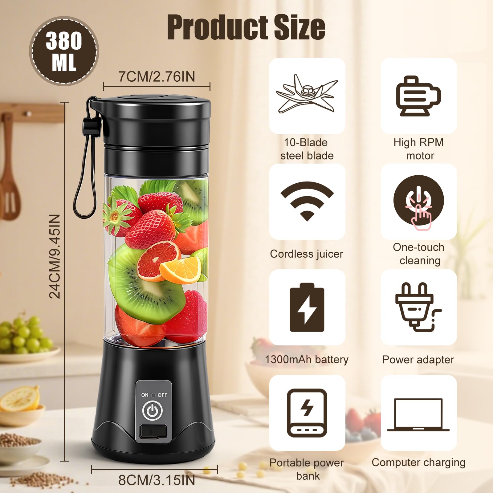 Mini Mixeur Portable 380ml – Blender USB Rechargeable pour Smoothies & Shakes
