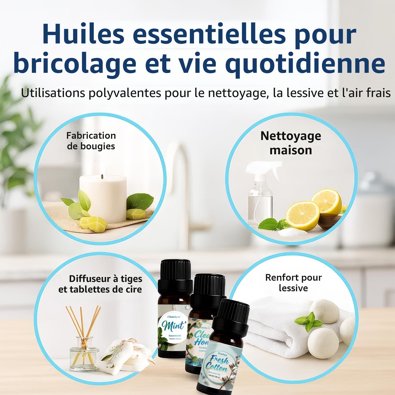 Coffret d'Huiles Essentielles Clean 6 x 10ml – Linge Frais, Coton, Poudre Douce, Menthe Poivrée, Maison Propre, Parfum Savon pour Diffuseur, Parfum d'Ambiance à la Maison