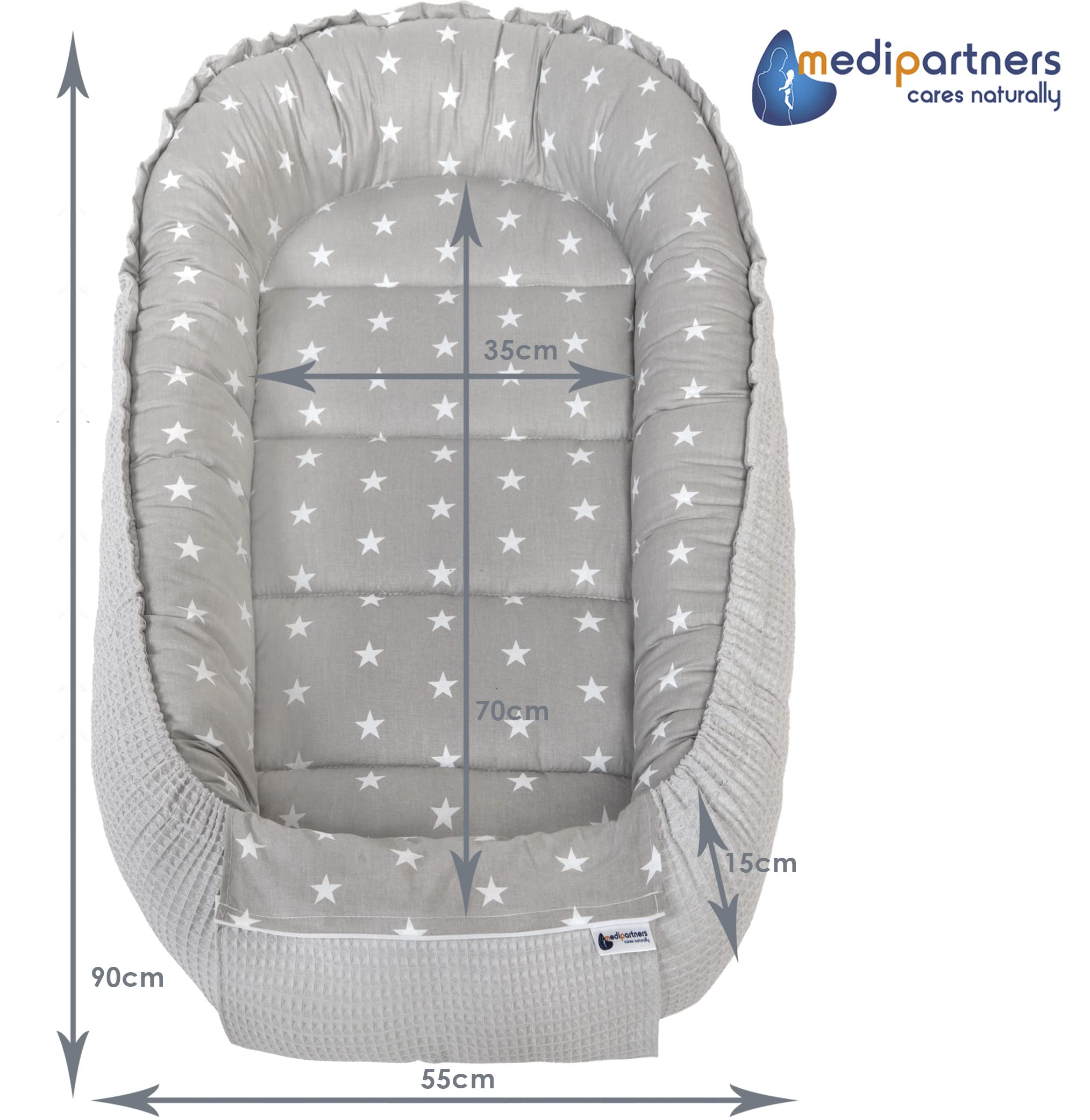 Medi Partners Reducteur de Lit Bebe - Réducteur Bébé 100x60x15cm Cocon et Naissance couffin Nid d'ange 100% Coton Gaufre (Glade avec Gaufre Grise)