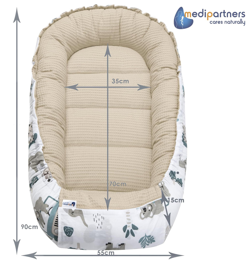 Medi Partners Reducteur de Lit Bebe - Réducteur Bébé 100x60x15cm Cocon et Naissance couffin Nid d'ange 100% Coton Gaufre (Glade avec Gaufre Grise)