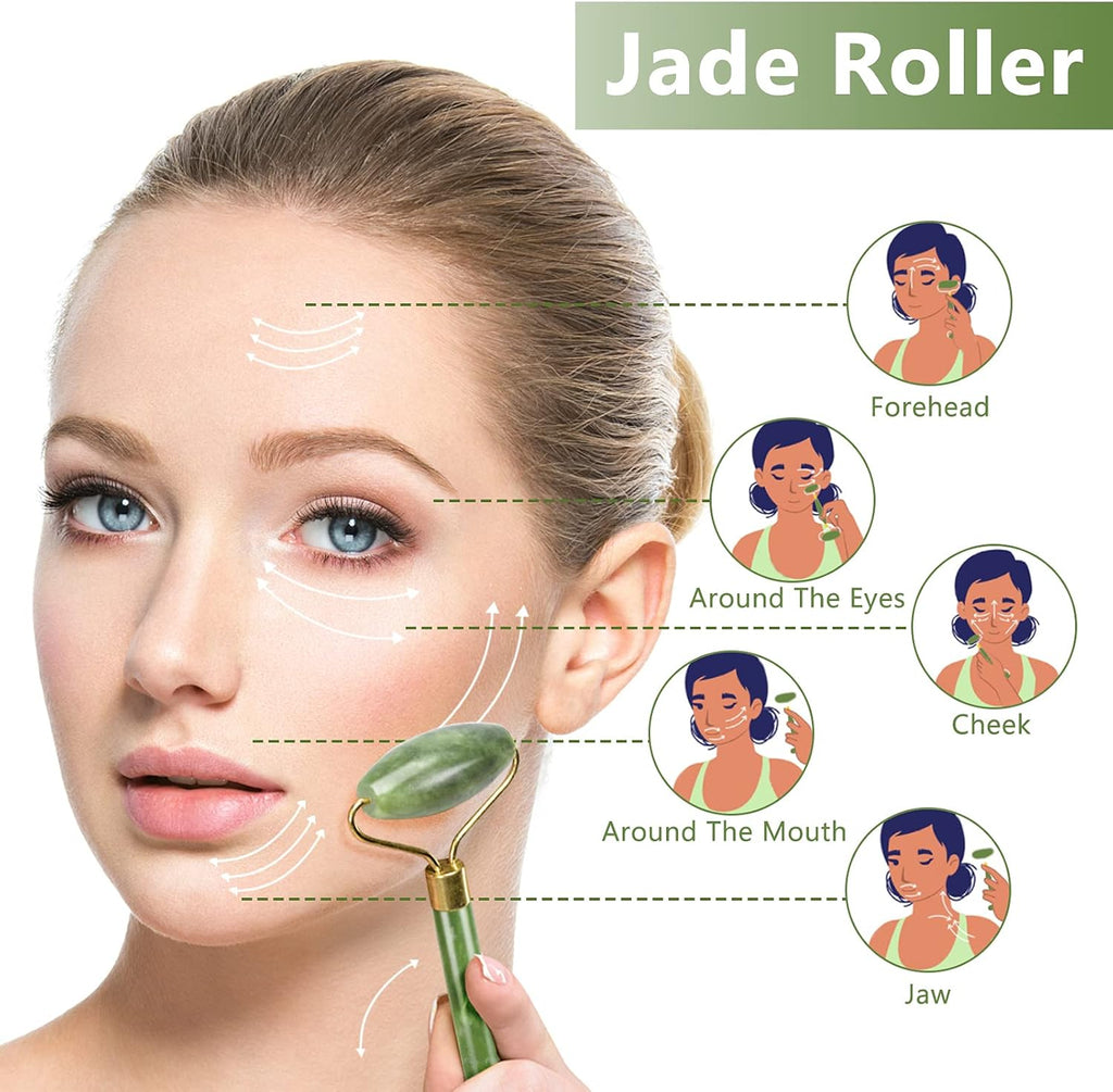 MELLIEX Jade Roller et Gua Sha Visage Masseur, kit de Rouleau de Jade Anti-vieillissement Naturel pour Yeux, Visage, Cou