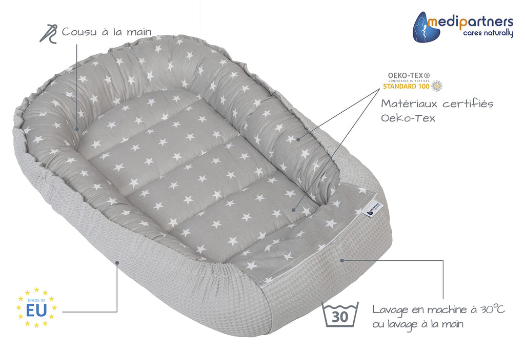 Medi Partners Reducteur de Lit Bebe - Réducteur Bébé 100x60x15cm Cocon et Naissance couffin Nid d'ange 100% Coton Gaufre (Glade avec Gaufre Grise)