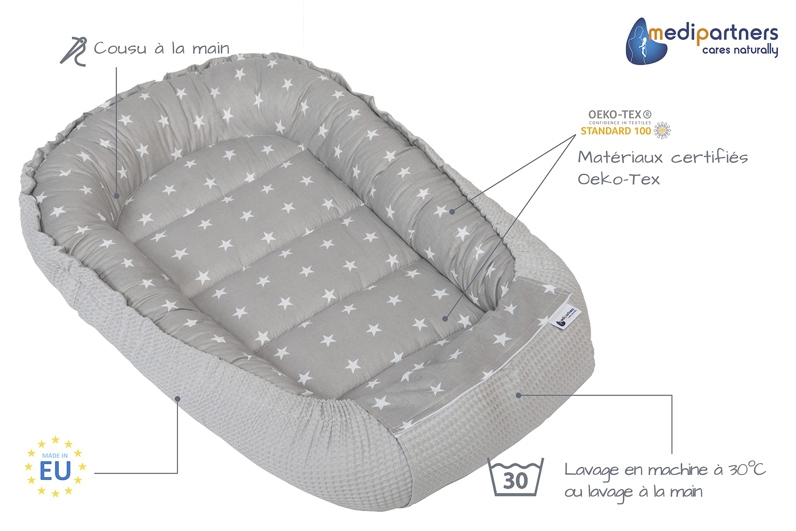 Medi Partners Reducteur de Lit Bebe - Réducteur Bébé 100x60x15cm Cocon et Naissance couffin Nid d'ange 100% Coton Gaufre (Glade avec Gaufre Grise)