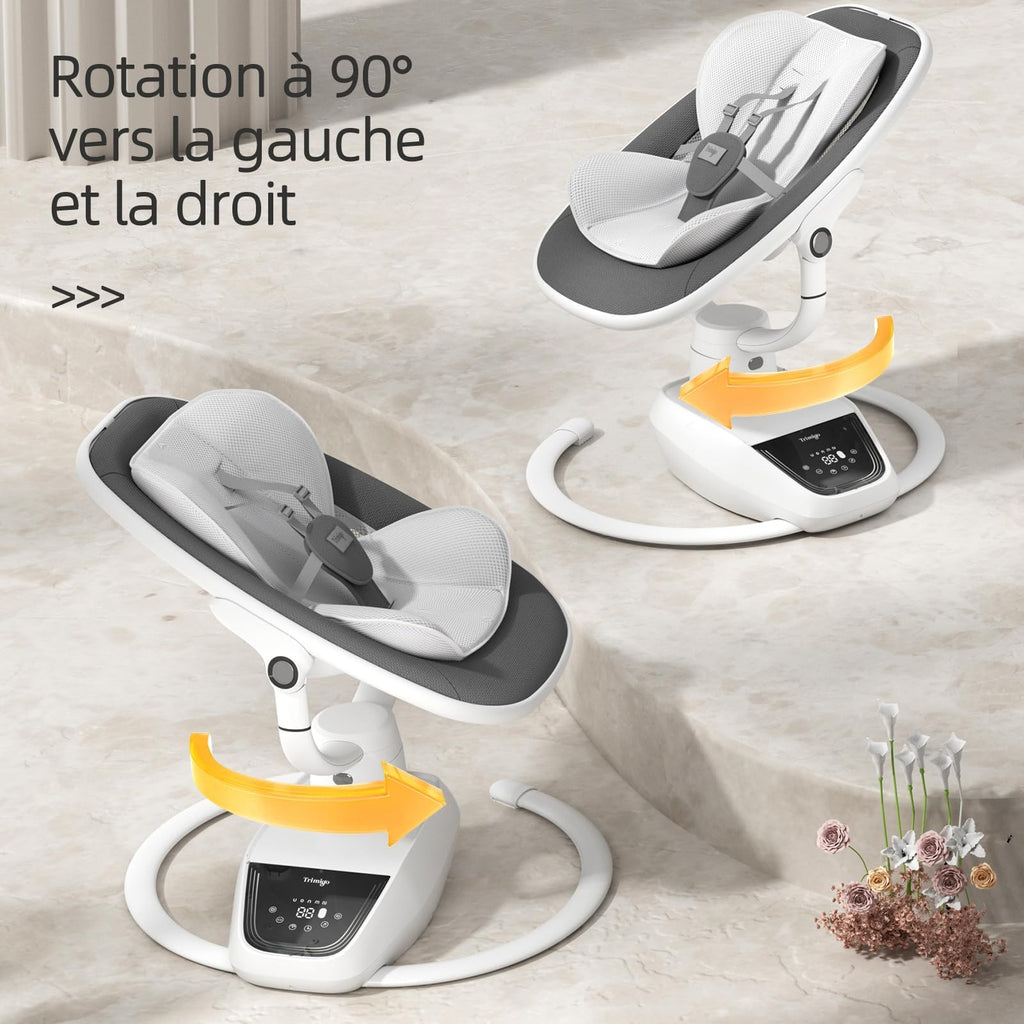 transat bébé électrique balancoire bébé Réglable inclinaison, rotation 180°, 5 modes de balancement, musique et télécommande - Jusqu'à 18 kg (Gris)