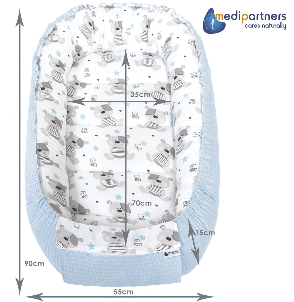 Medi Partners Reducteur de Lit Bebe - Réducteur Bébé 100x60x15cm Cocon et Naissance couffin Nid d'ange 100% Coton Gaufre (Glade avec Gaufre Grise)