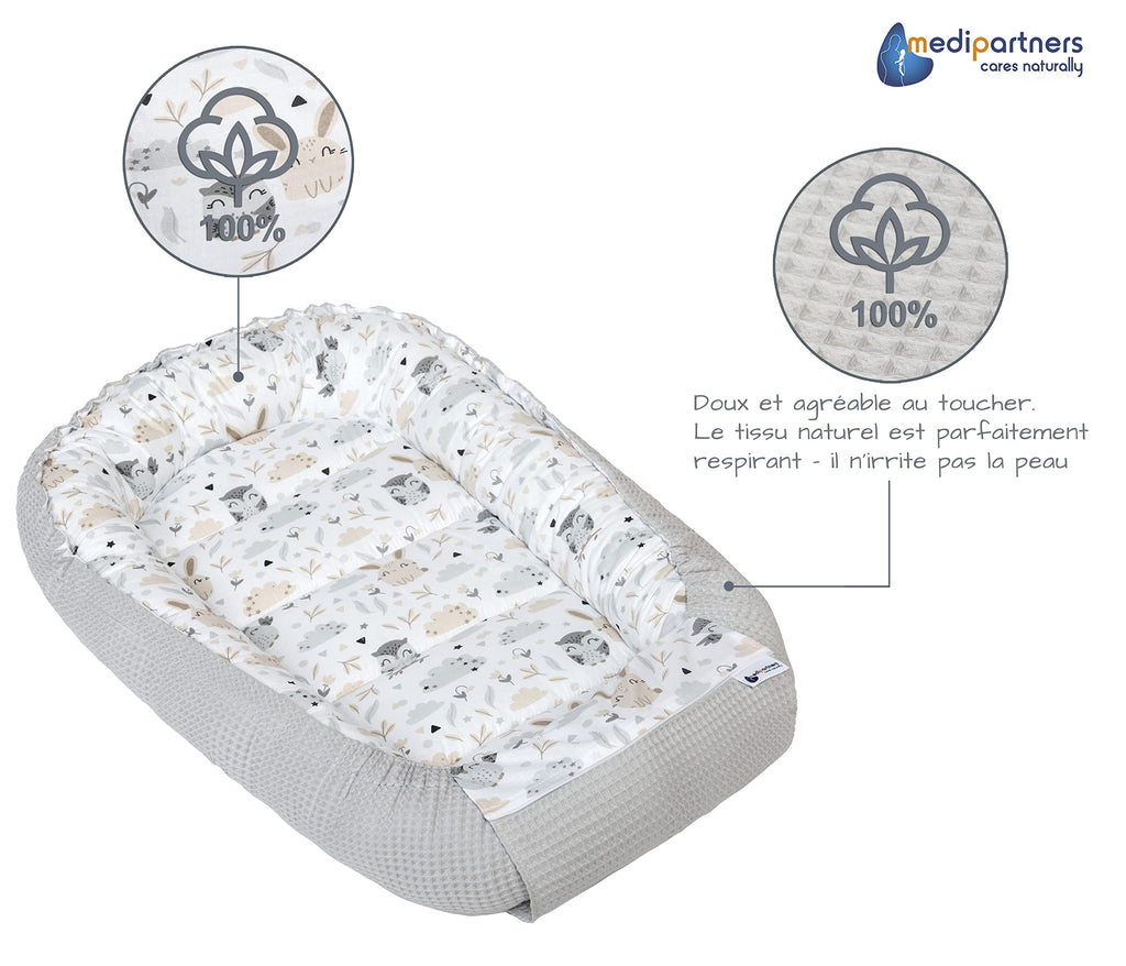 Medi Partners Reducteur de Lit Bebe - Réducteur Bébé 100x60x15cm Cocon et Naissance couffin Nid d'ange 100% Coton Gaufre (Glade avec Gaufre Grise)