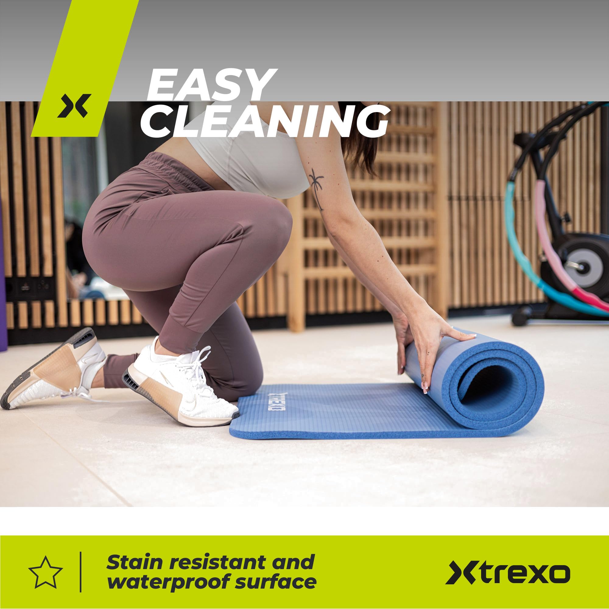 TREXO Tapis d'Exercice en NBR 183 x 61 cm Matériau Exceptionnellement Durable et Flexible 15 mm d'Épaisseur avec Structure Antidérapante dans l'Ensemble avec Sangle pour Porter