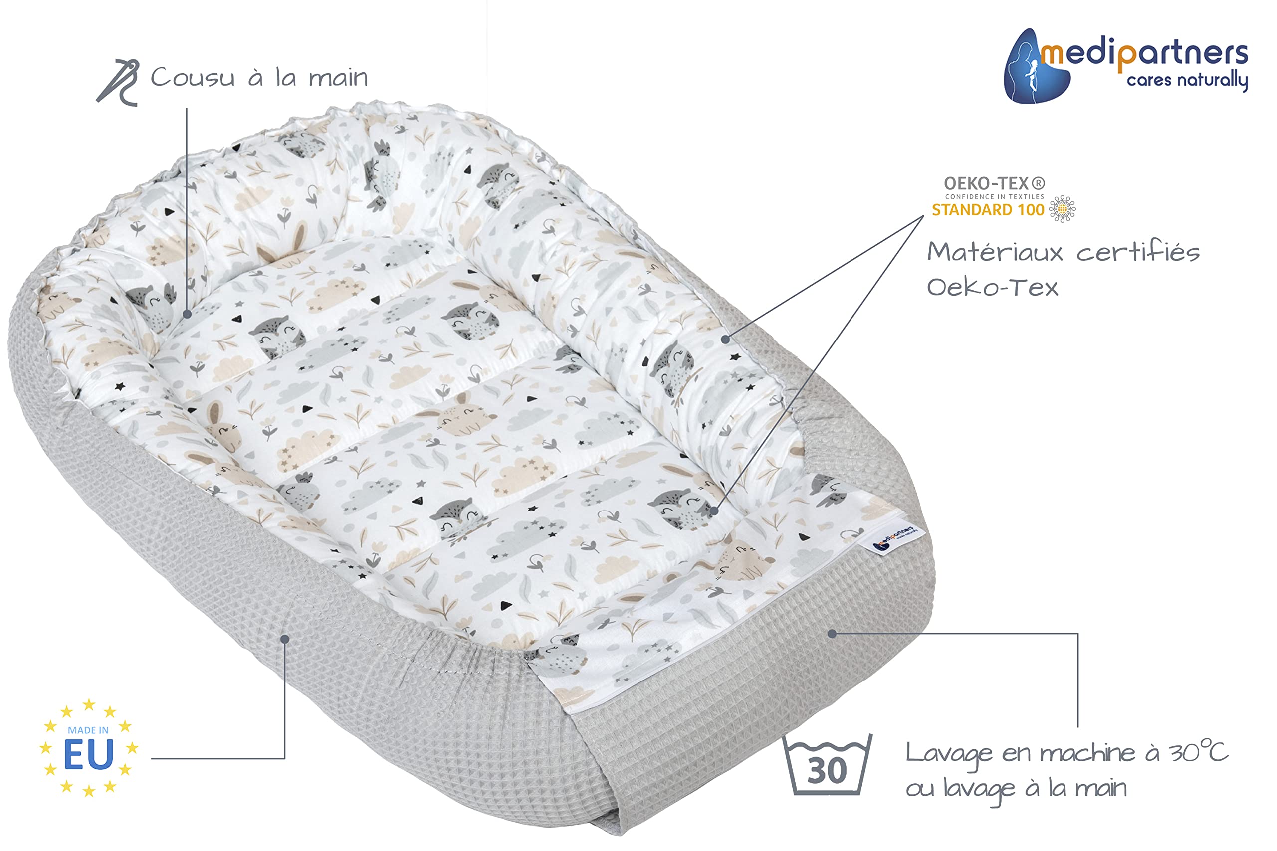 Medi Partners Reducteur de Lit Bebe - Réducteur Bébé 100x60x15cm Cocon et Naissance couffin Nid d'ange 100% Coton Gaufre (Glade avec Gaufre Grise)