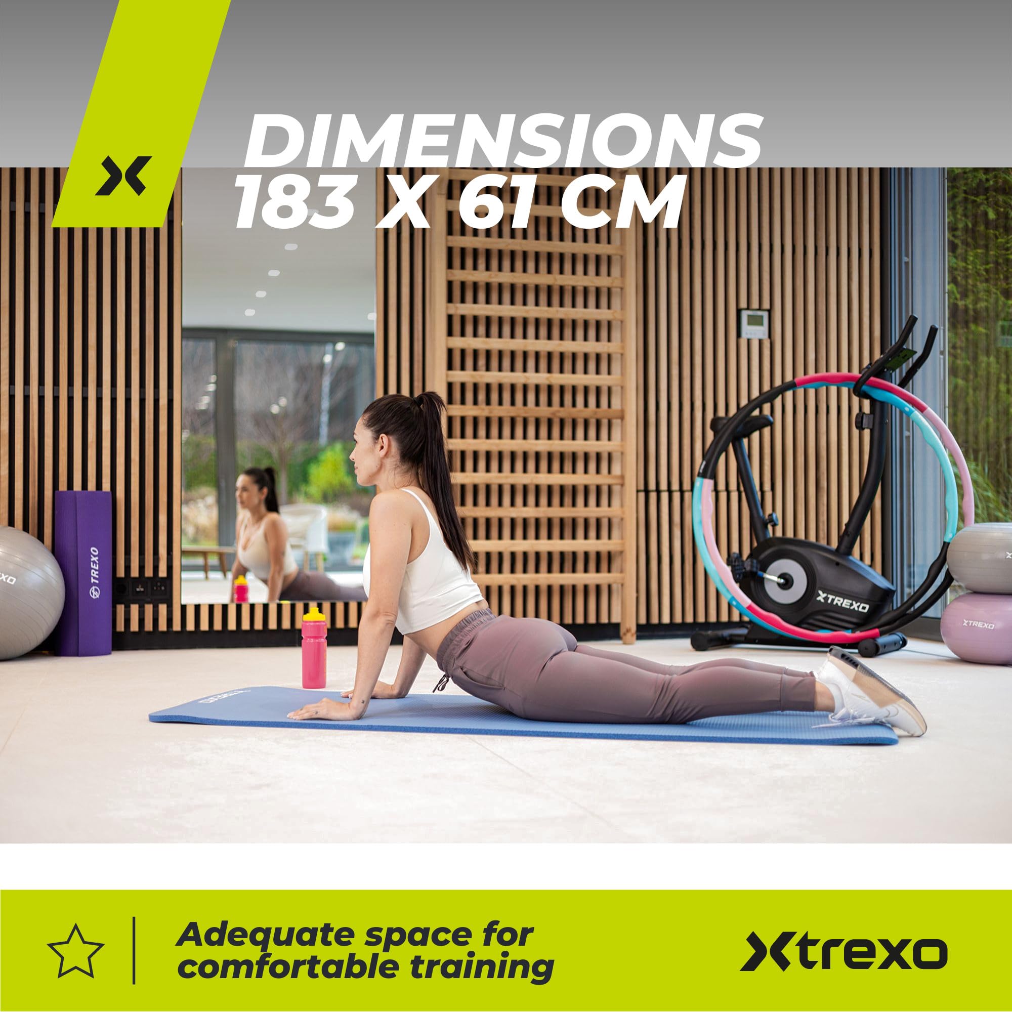 TREXO Tapis d'Exercice en NBR 183 x 61 cm Matériau Exceptionnellement Durable et Flexible 15 mm d'Épaisseur avec Structure Antidérapante dans l'Ensemble avec Sangle pour Porter