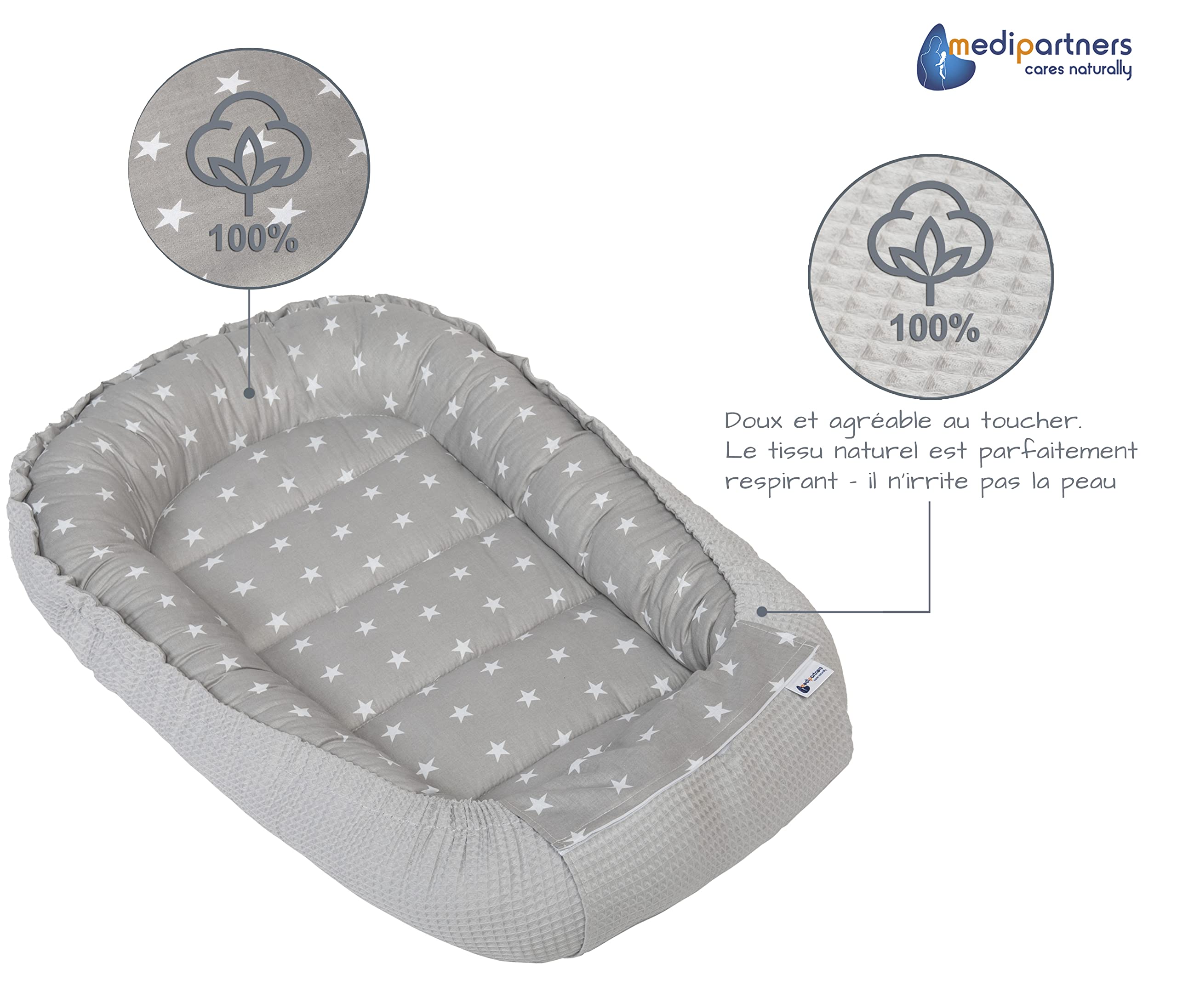 Medi Partners Reducteur de Lit Bebe - Réducteur Bébé 100x60x15cm Cocon et Naissance couffin Nid d'ange 100% Coton Gaufre (Glade avec Gaufre Grise)