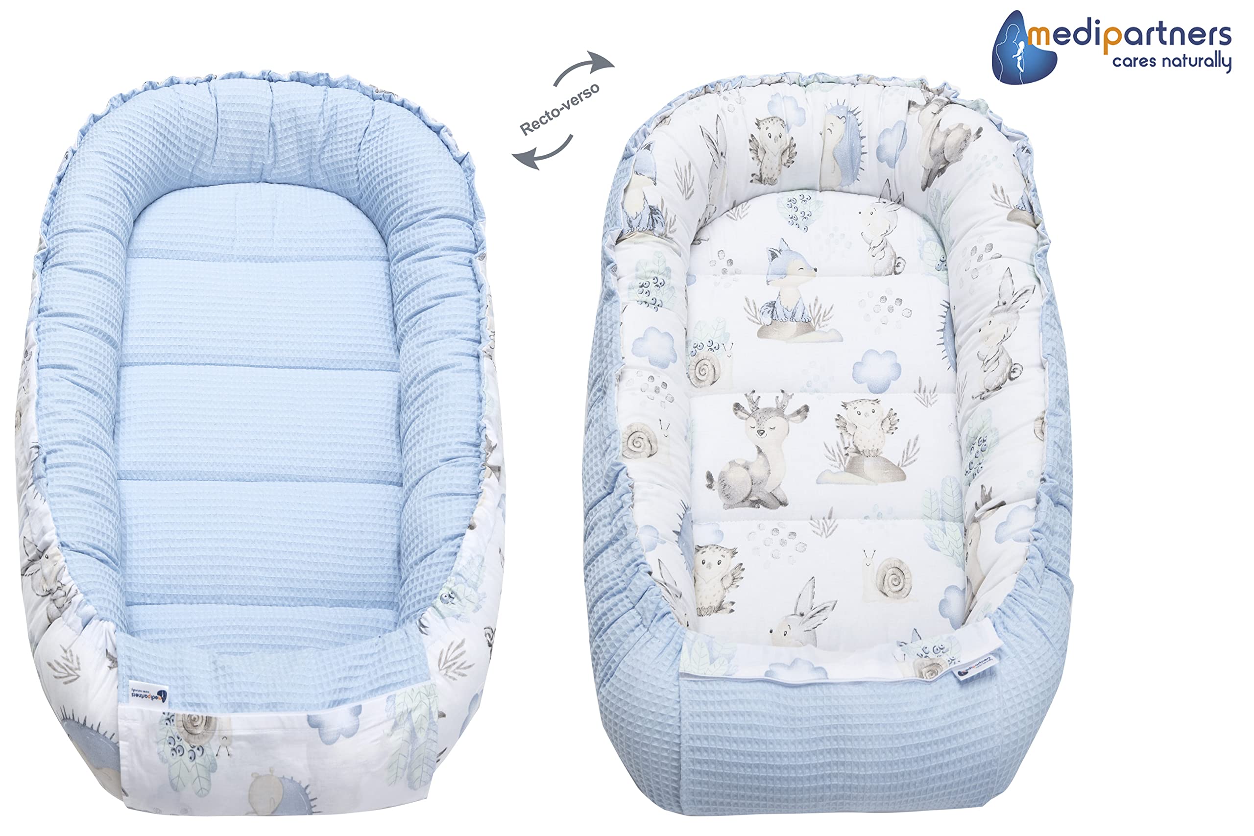 Medi Partners Reducteur de Lit Bebe - Réducteur Bébé 100x60x15cm Cocon et Naissance couffin Nid d'ange 100% Coton Gaufre (Glade avec Gaufre Grise)
