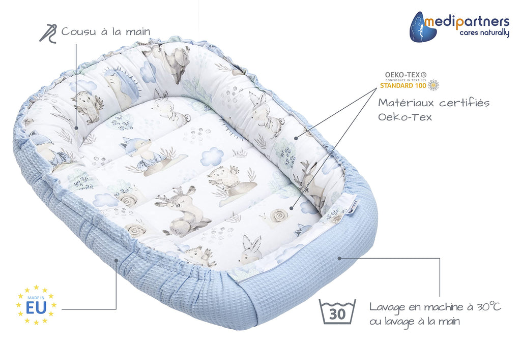 Medi Partners Reducteur de Lit Bebe - Réducteur Bébé 100x60x15cm Cocon et Naissance couffin Nid d'ange 100% Coton Gaufre (Glade avec Gaufre Grise)