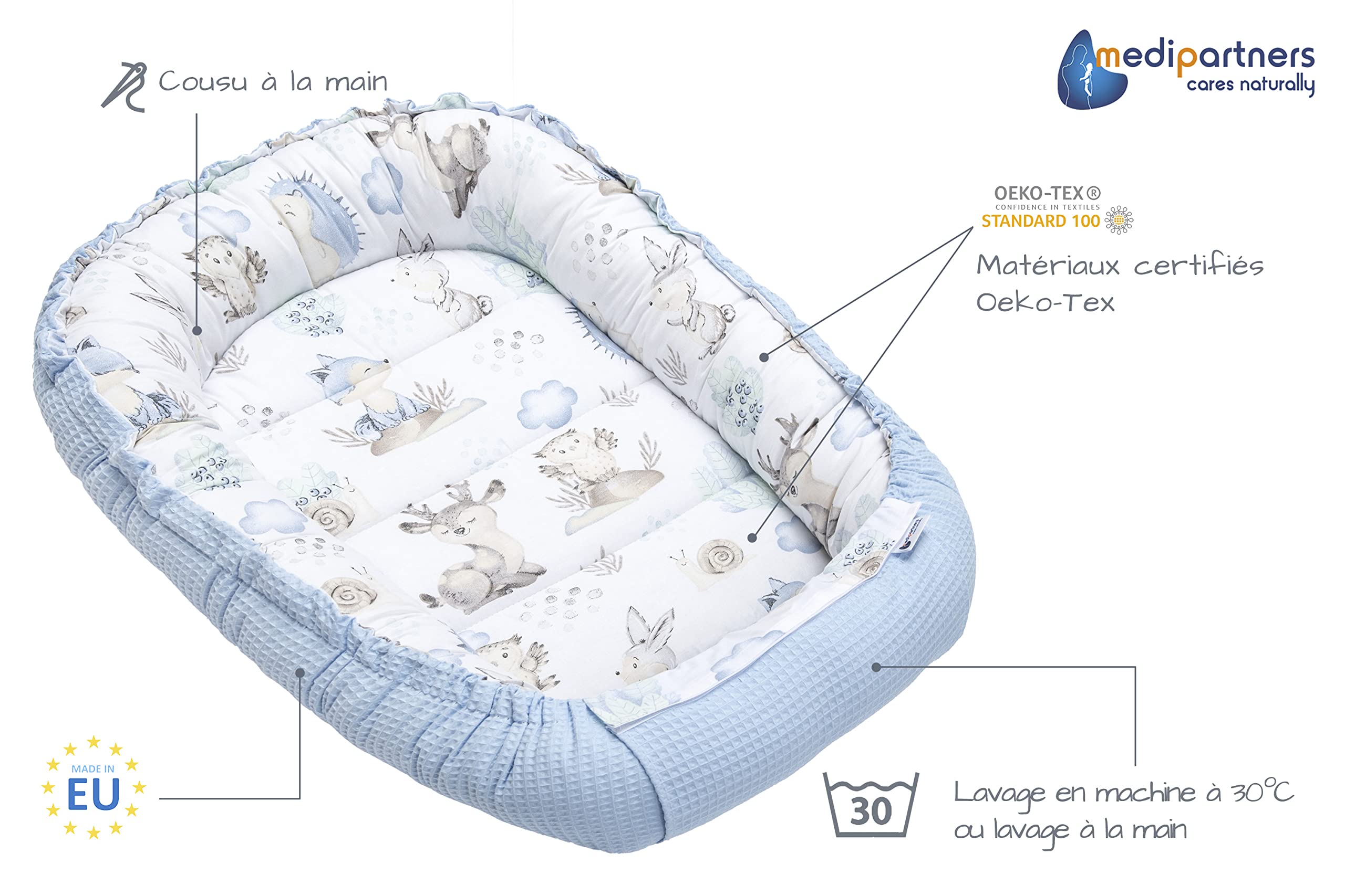 Medi Partners Reducteur de Lit Bebe - Réducteur Bébé 100x60x15cm Cocon et Naissance couffin Nid d'ange 100% Coton Gaufre (Glade avec Gaufre Grise)