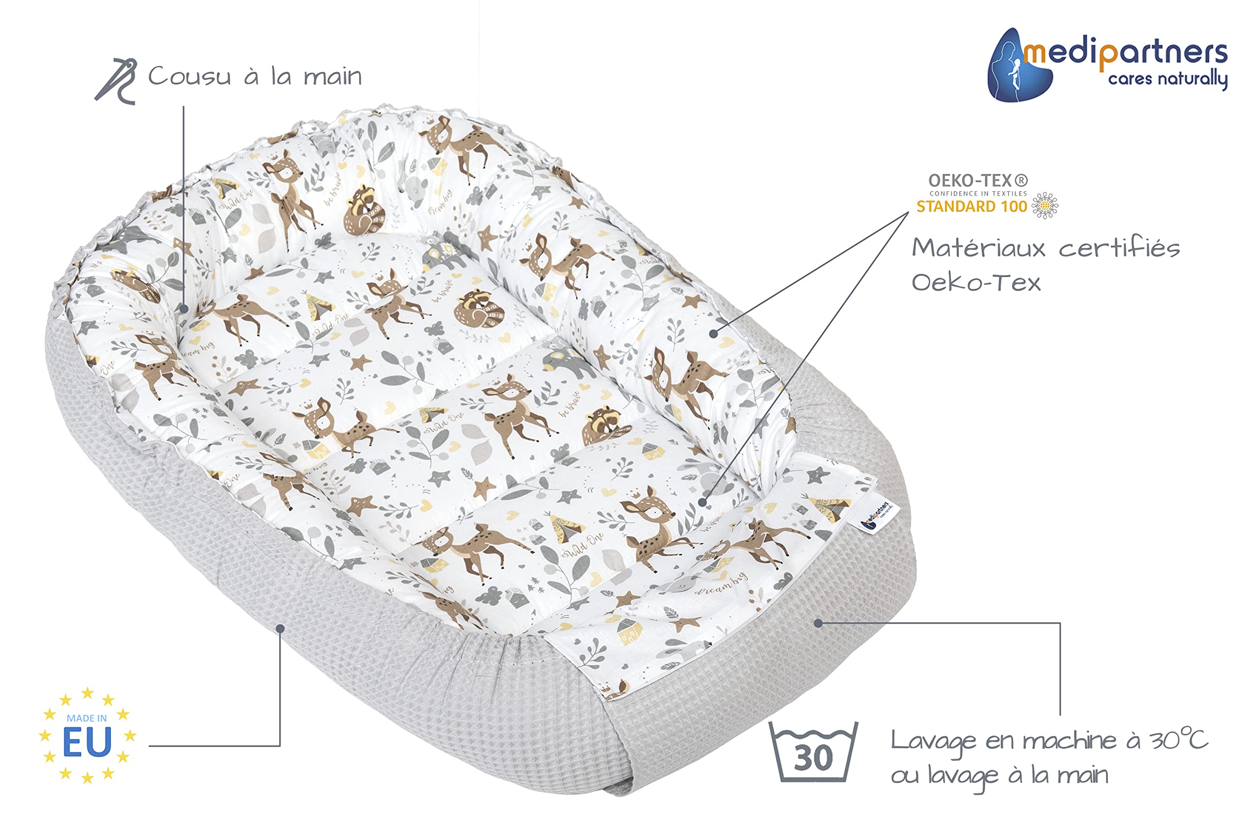 Medi Partners Reducteur de Lit Bebe - Réducteur Bébé 100x60x15cm Cocon et Naissance couffin Nid d'ange 100% Coton Gaufre (Glade avec Gaufre Grise)